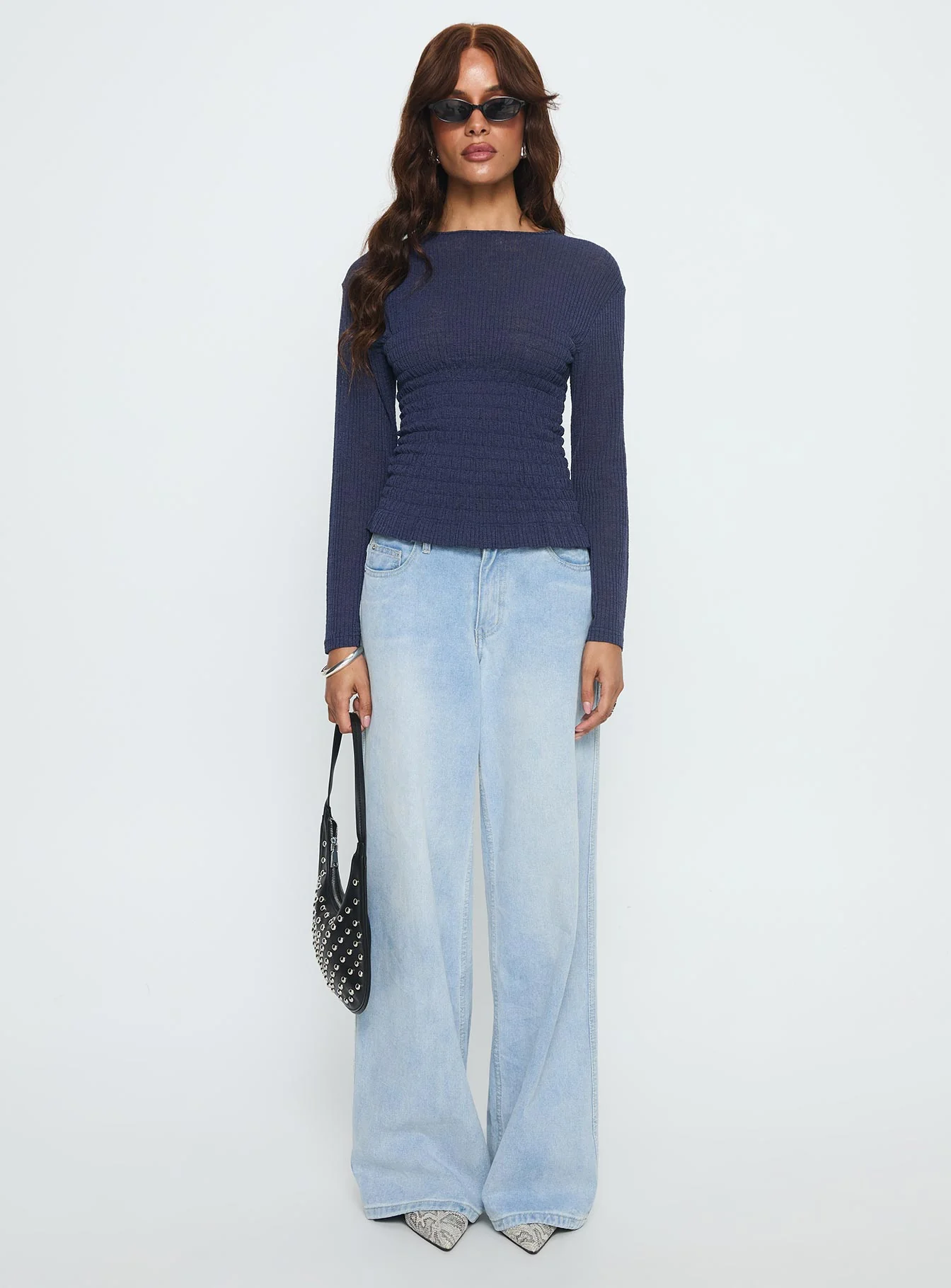 Bradly Shirred Long Sleeve Top Navy - Image 7