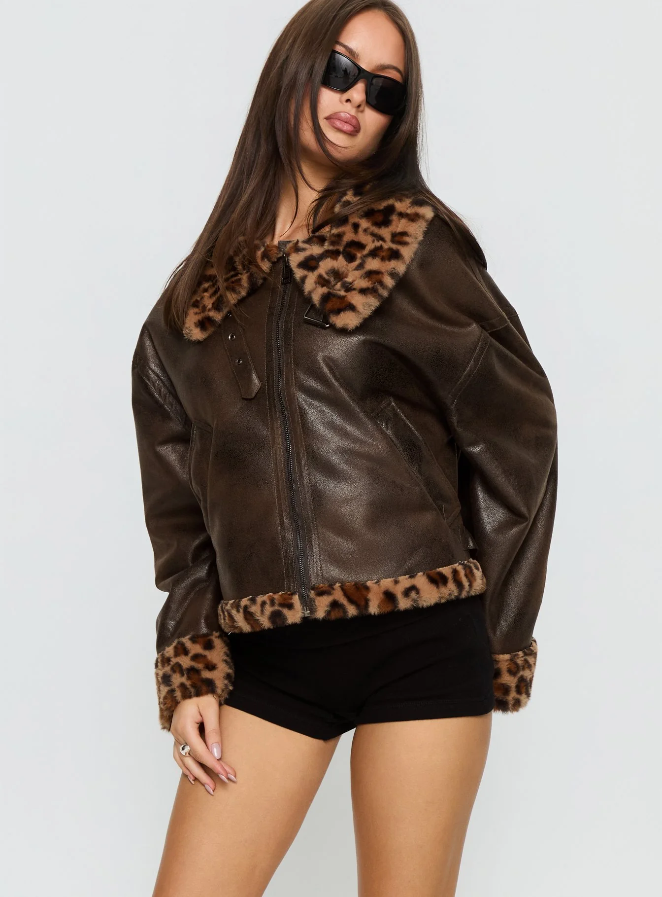 Brandyn Faux Fur Trim Jacket Brown / Leopard - Image 2