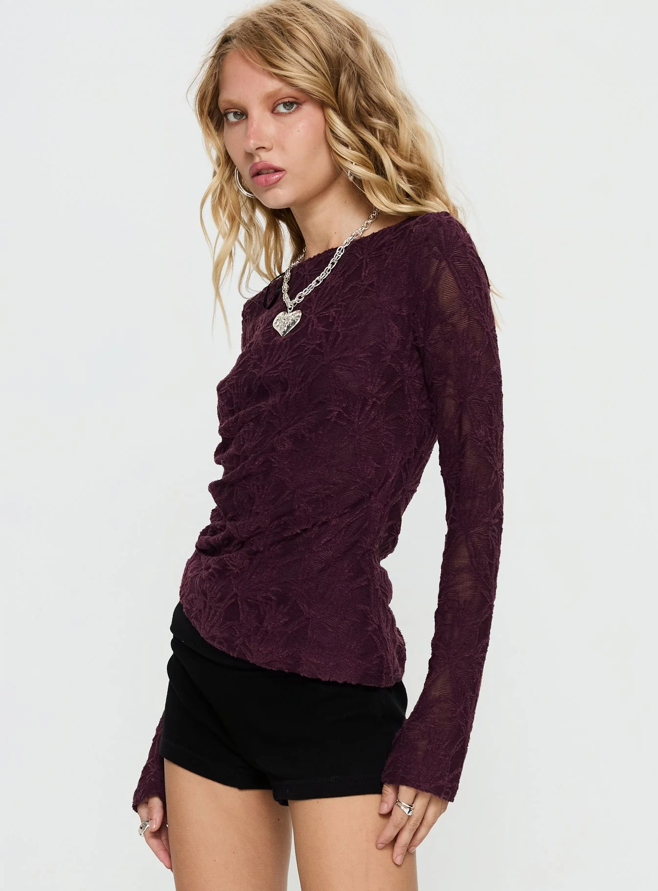 Branna Ruched Lace Long Sleeve Top Plum - Image 3