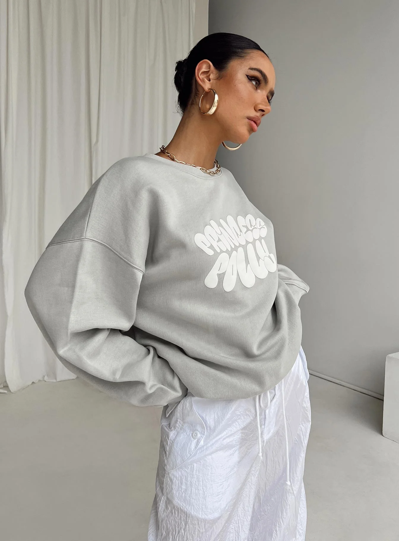 Princess Polly Crew Neck Sweatshirt Bubble Text Grey / Cloud White - Image 5