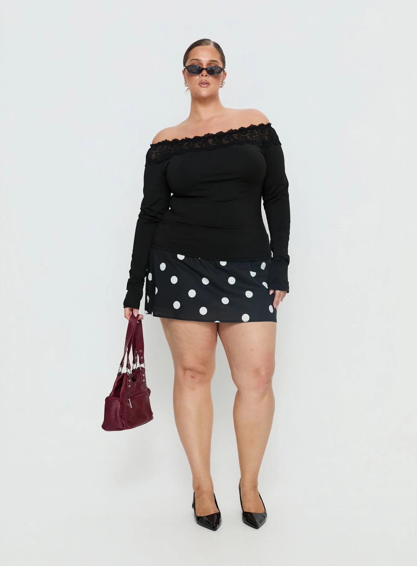 Breiann Lace Off Shoulder Long Sleeve Top Black Curve - Image 2