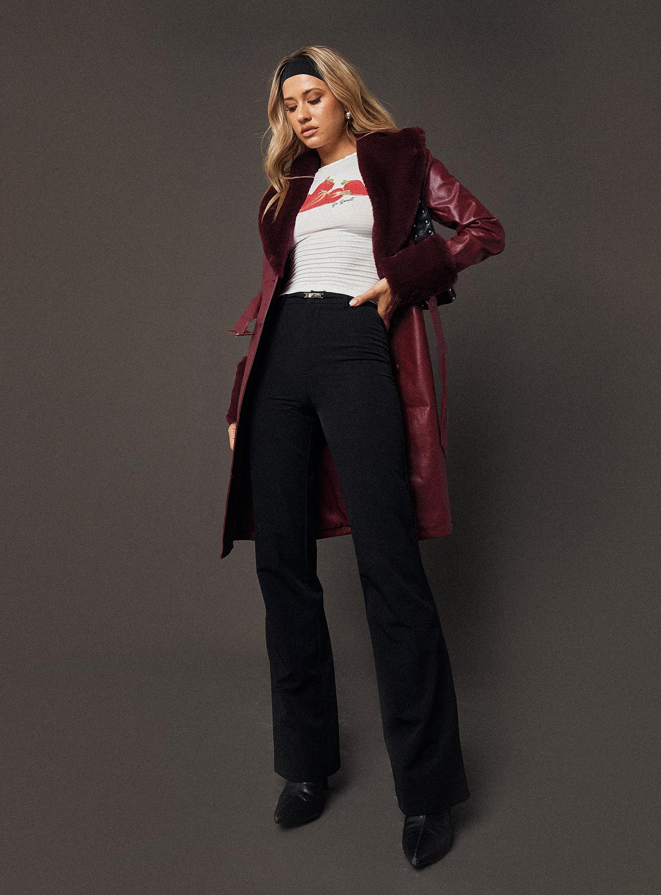 Brooklyn Faux Leather Longline Coat Burgundy - Image 8