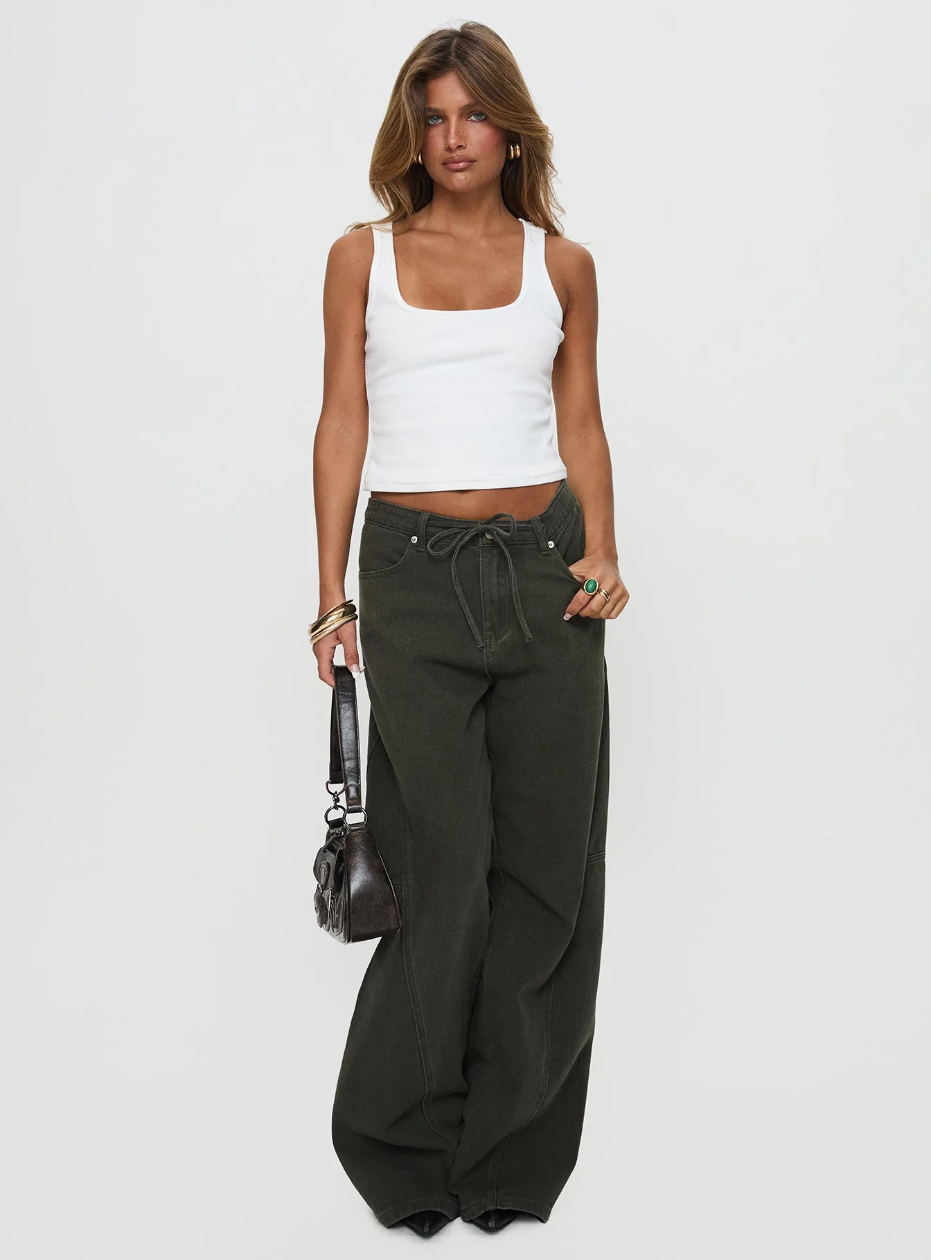 Bruiser Tie Waist Mid Rise Wide Leg Jeans Green Petite - Image 3