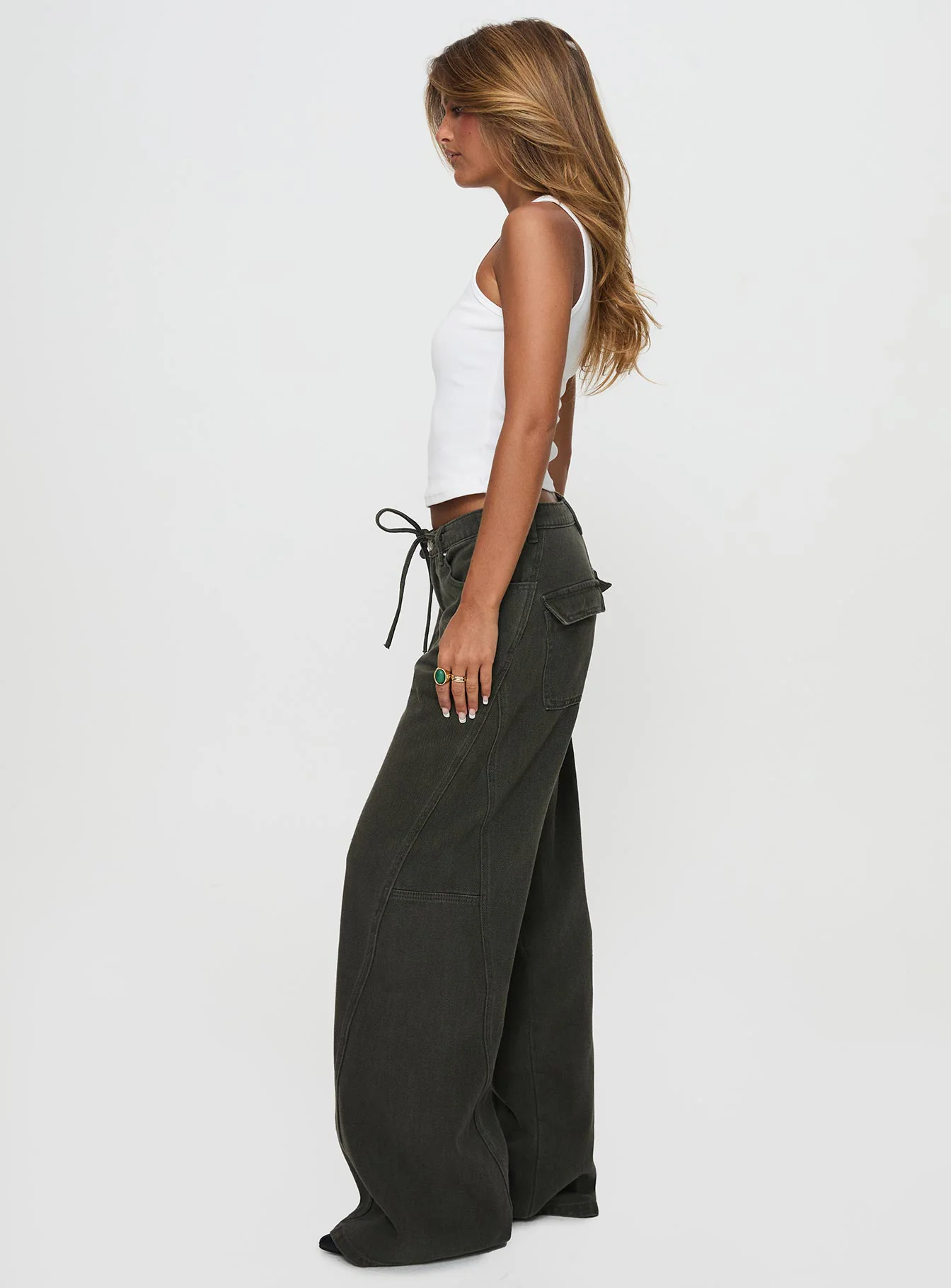 Bruiser Tie Waist Mid Rise Wide Leg Jeans Green Petite - Image 4