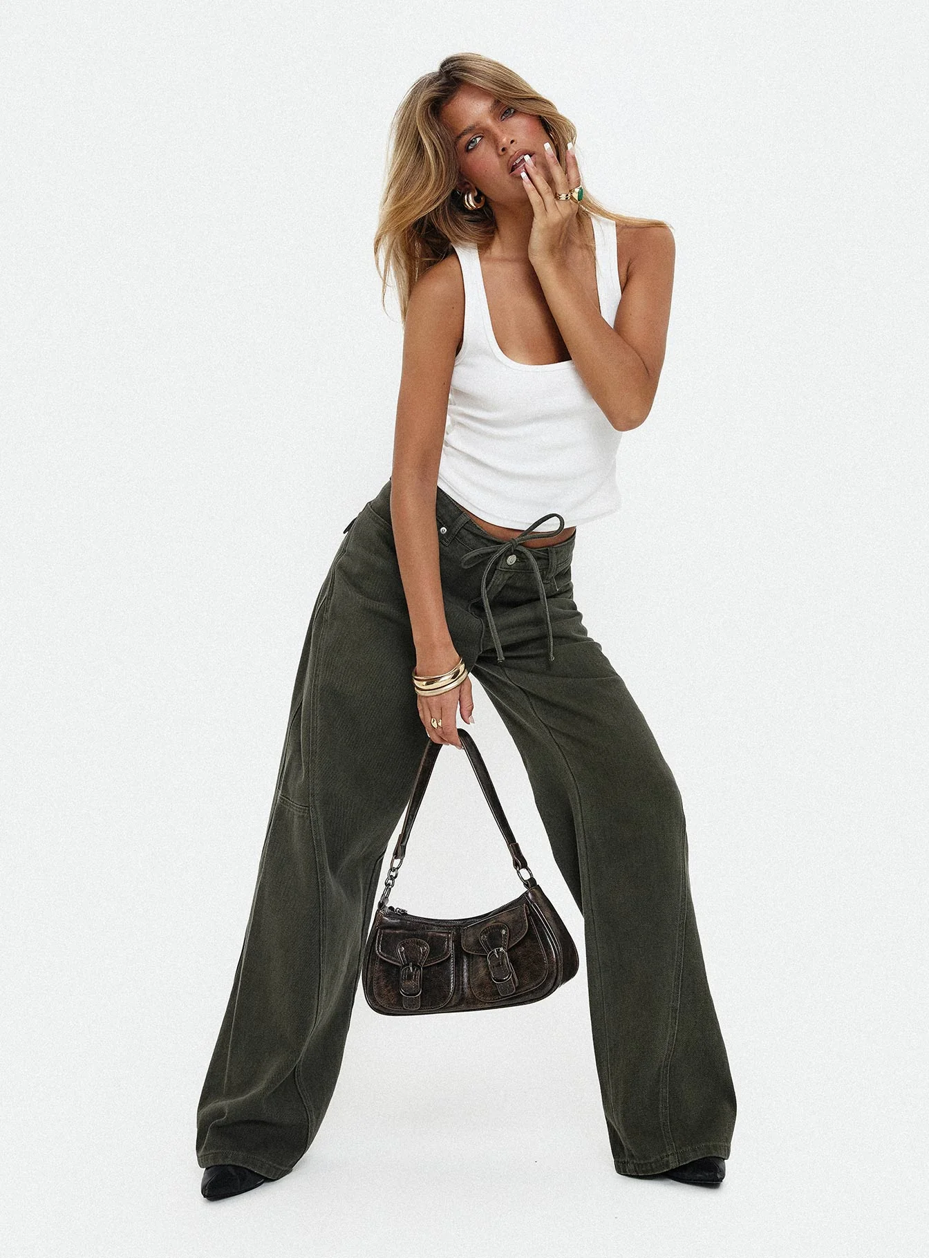 Bruiser Tie Waist Mid Rise Wide Leg Jeans Green Petite - Image 9