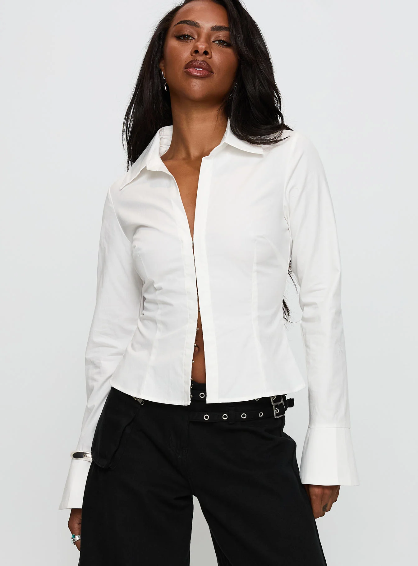 By The Phone Long Sleeve Collared Top White - Image 2