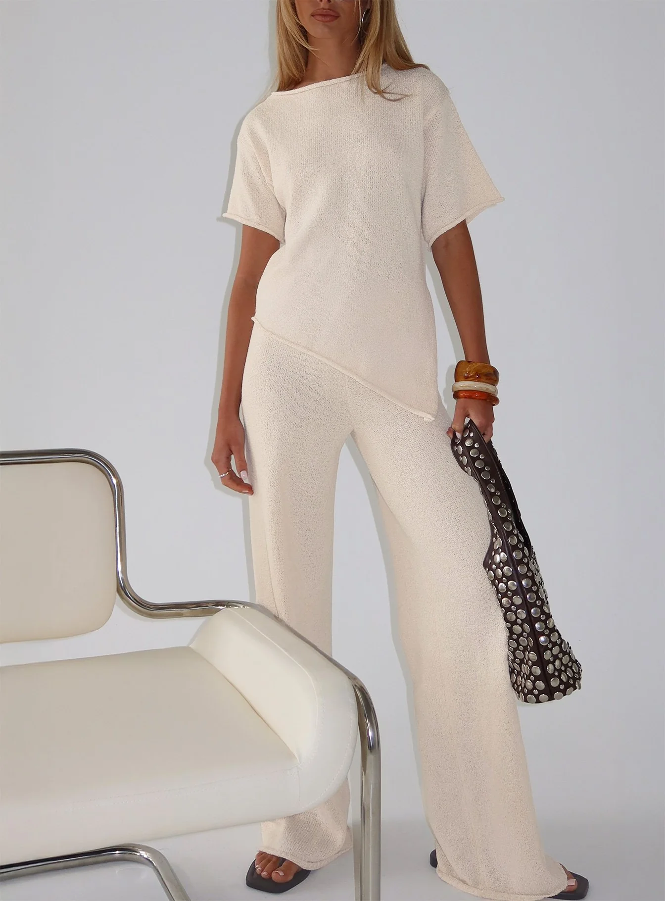 Calisse Knit Wide Leg Pants Beige