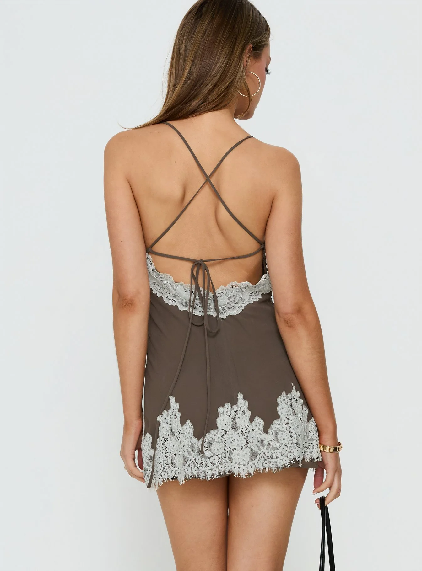 Call My Lover Lace Slip Mini Dress Brown / Cream - Image 5