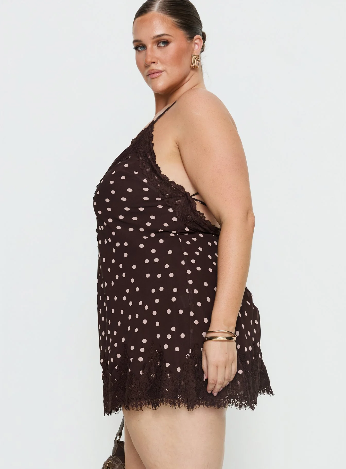 Call My Lover Lace Slip Mini Dress Brown Polka Curve - Image 4