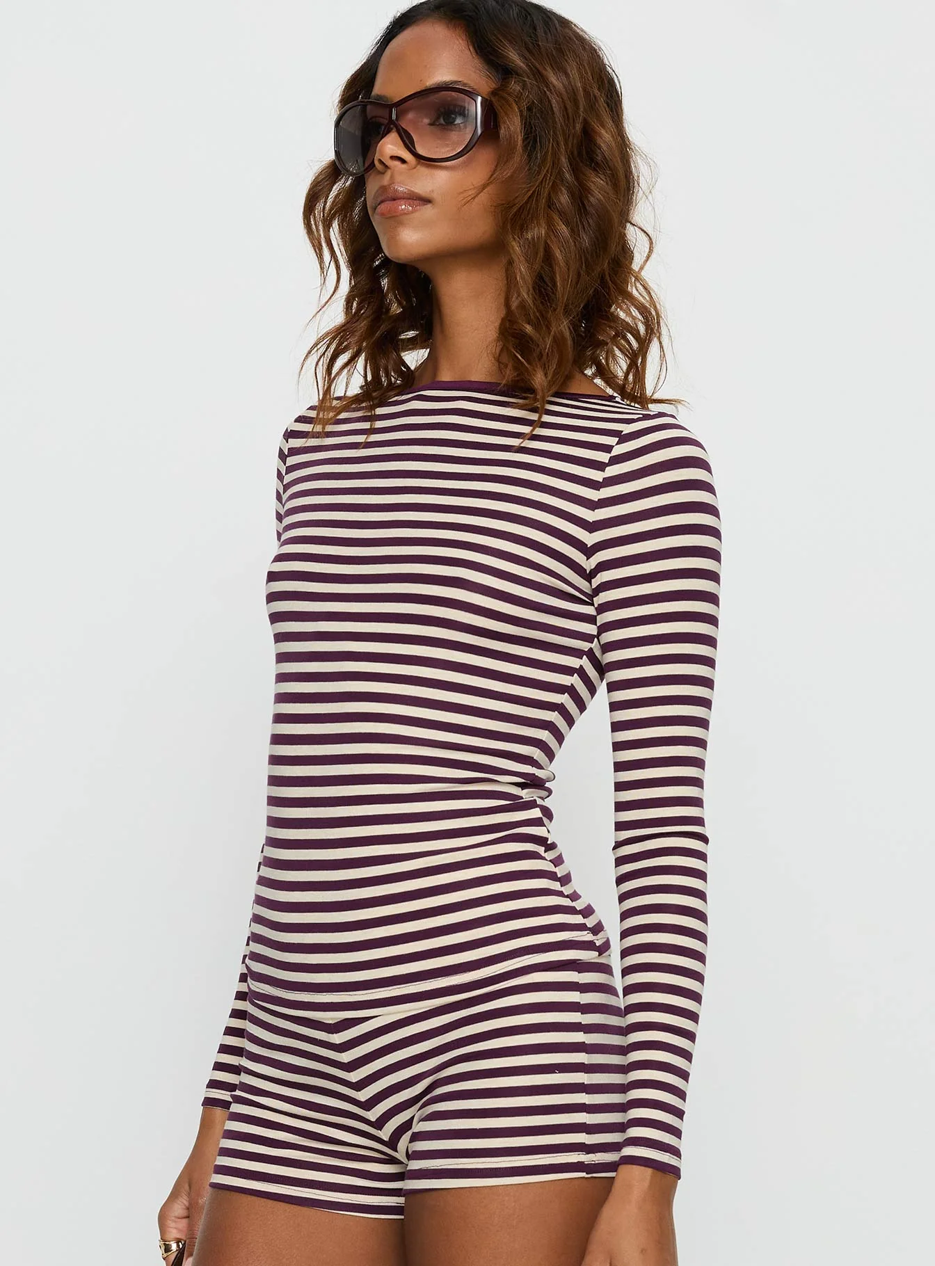 Caprise Wide Neck Long Sleeve Top Purple Stripe - Image 4
