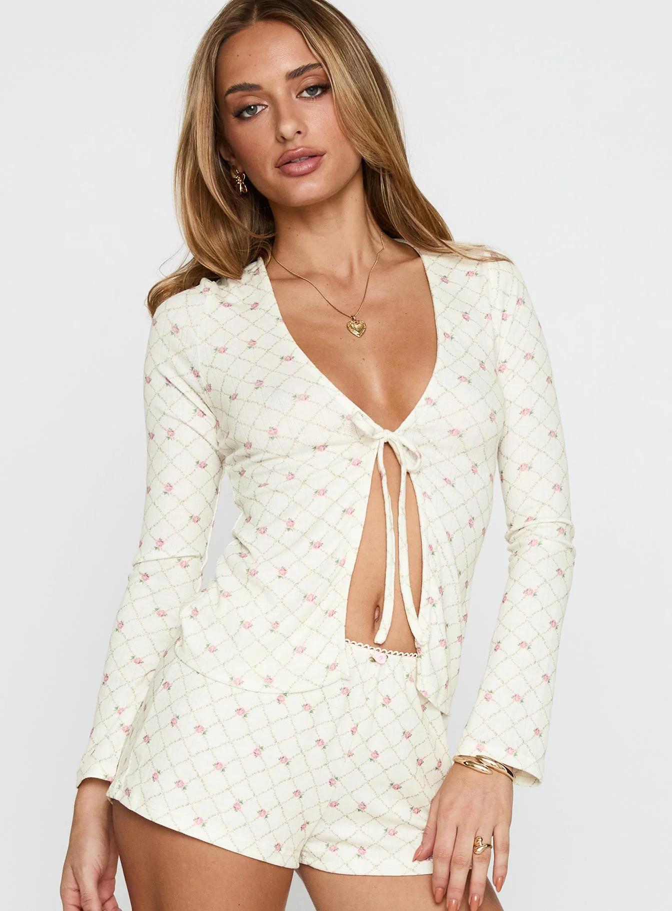 Captivation Tie Up Sleep Cardigan Pink Floral - Image 2