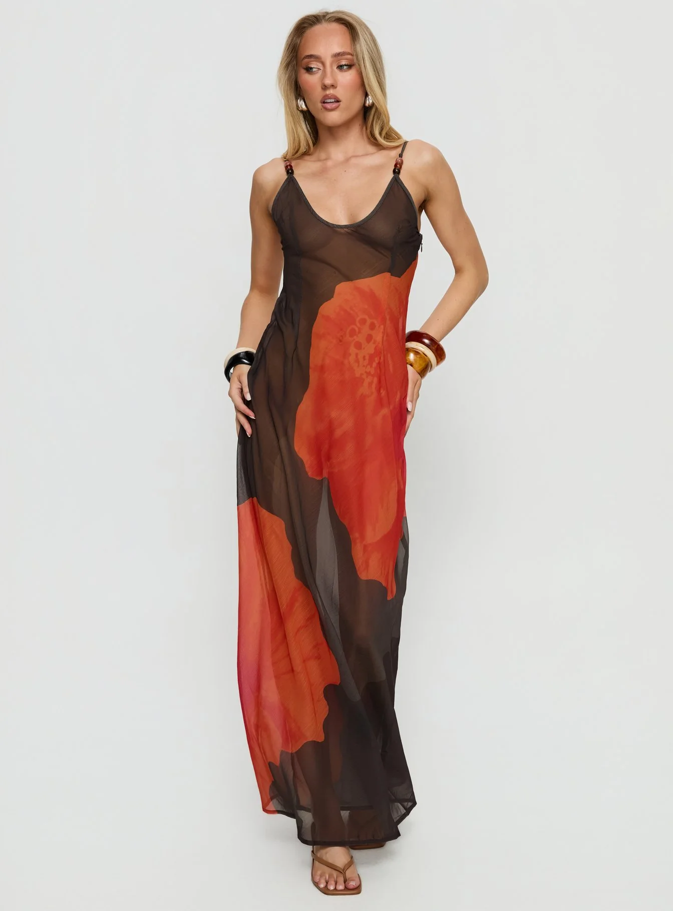 Carita Sheer Chiffon Maxi Dress Brown / Orange Floral - Image 2