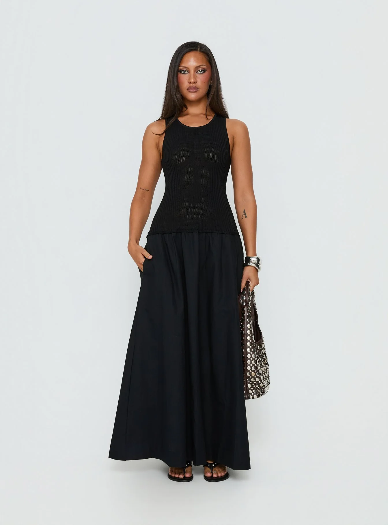 Carlene Shirred Drop Waist Maxi Dress Black - Image 6