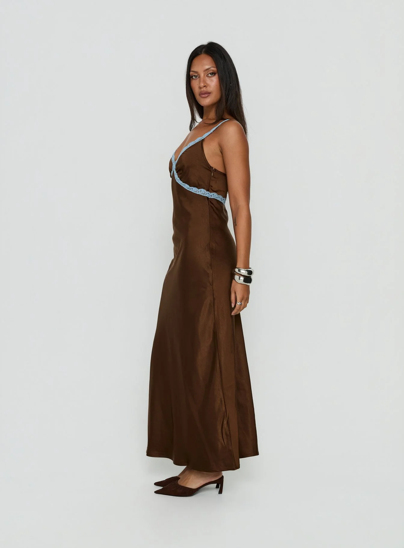 Carletta Lace Contrast Maxi Dress Brown / Blue - Image 3