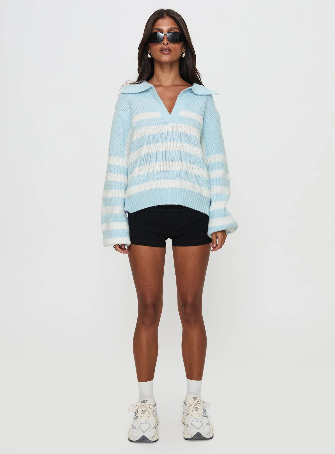 Carolena Long Sleeve Collared Knit Sweater Blue / White Stripe - Image 6