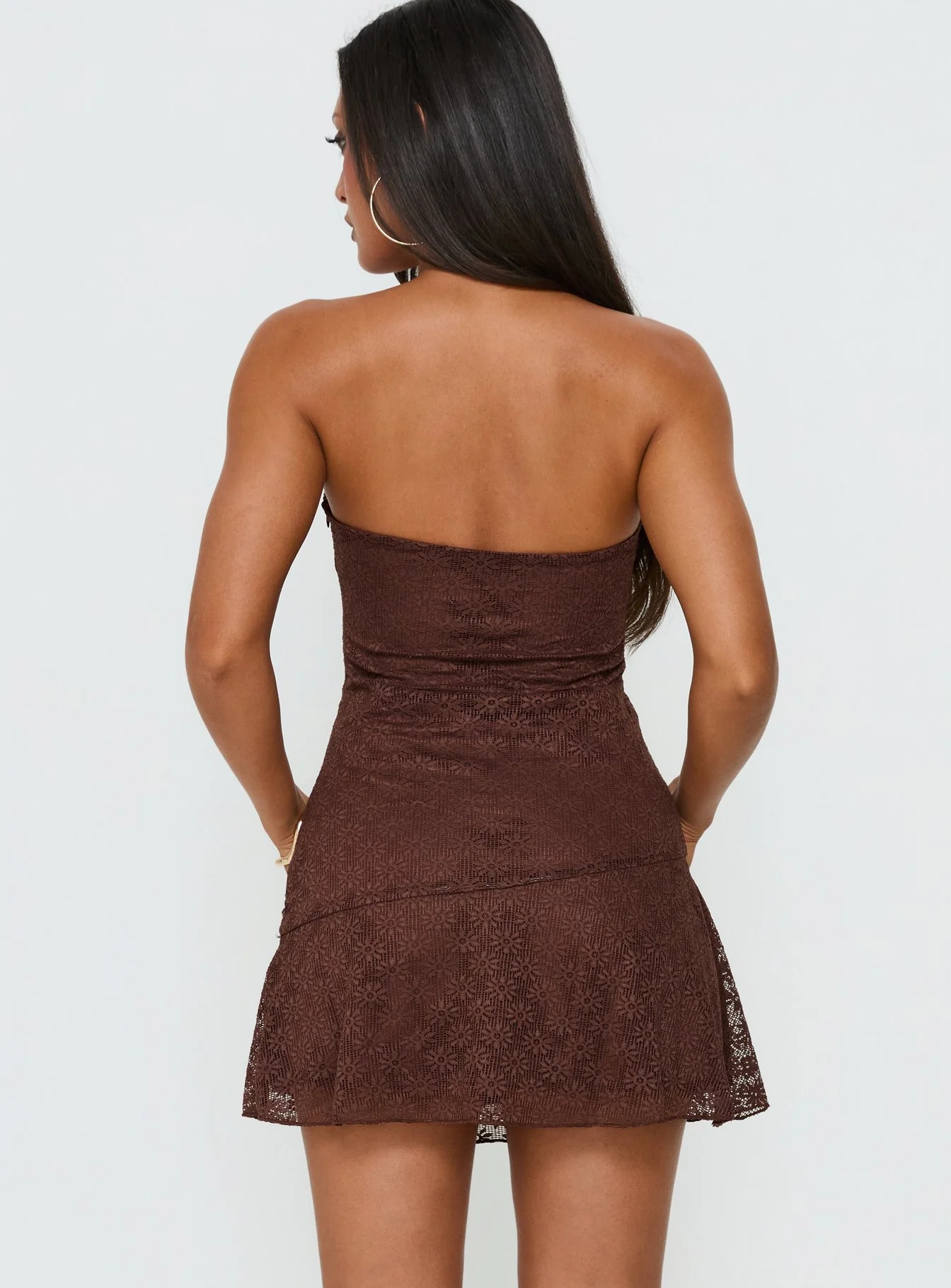 Cavalier Strapless Lace Mini Dress Chocolate - Image 4