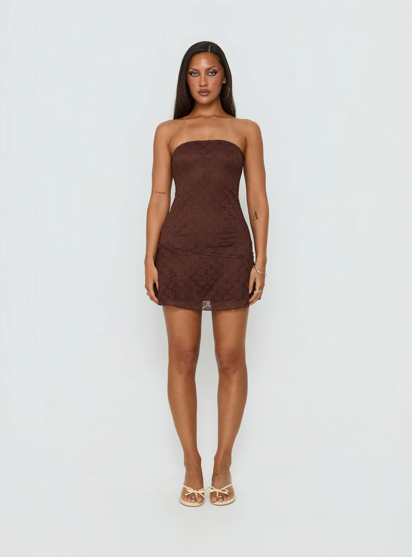 Cavalier Strapless Lace Mini Dress Chocolate - Image 7