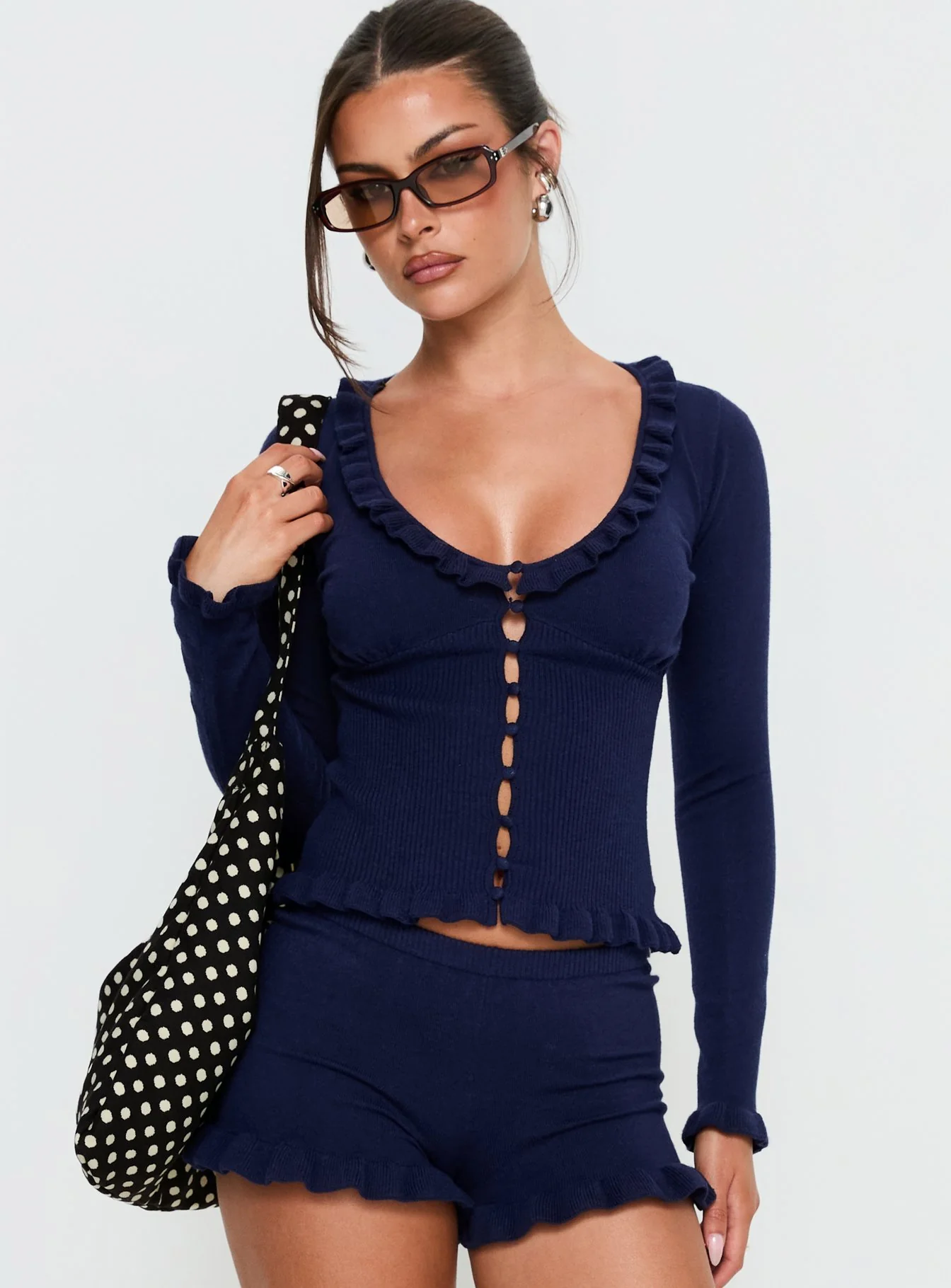 Ceria Frill Knit Long Sleeve Top Navy - Image 2