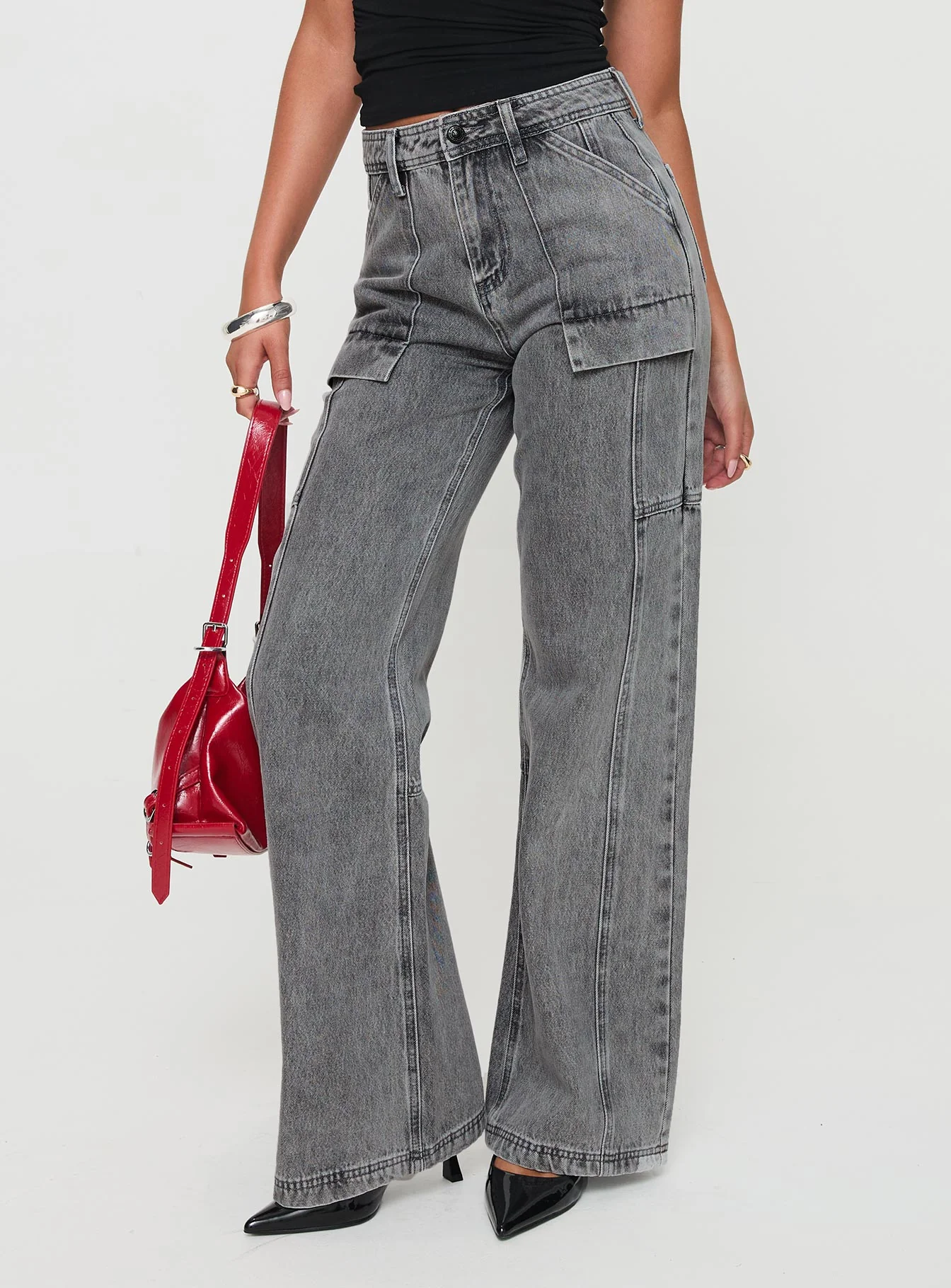 Chad High Rise Flared Cargo Jeans Washed Grey - Image 2