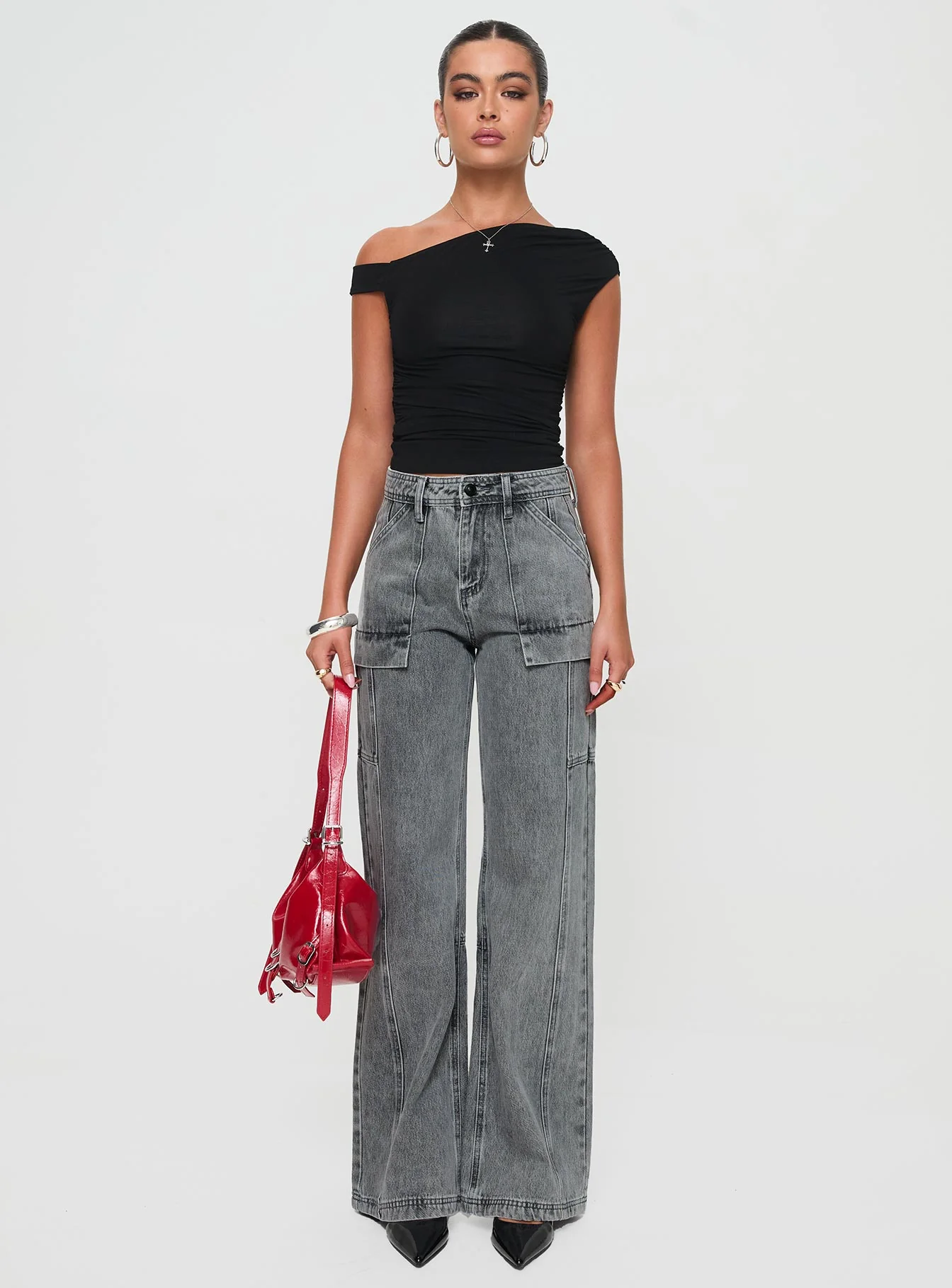 Chad High Rise Flared Cargo Jeans Washed Grey - Image 7