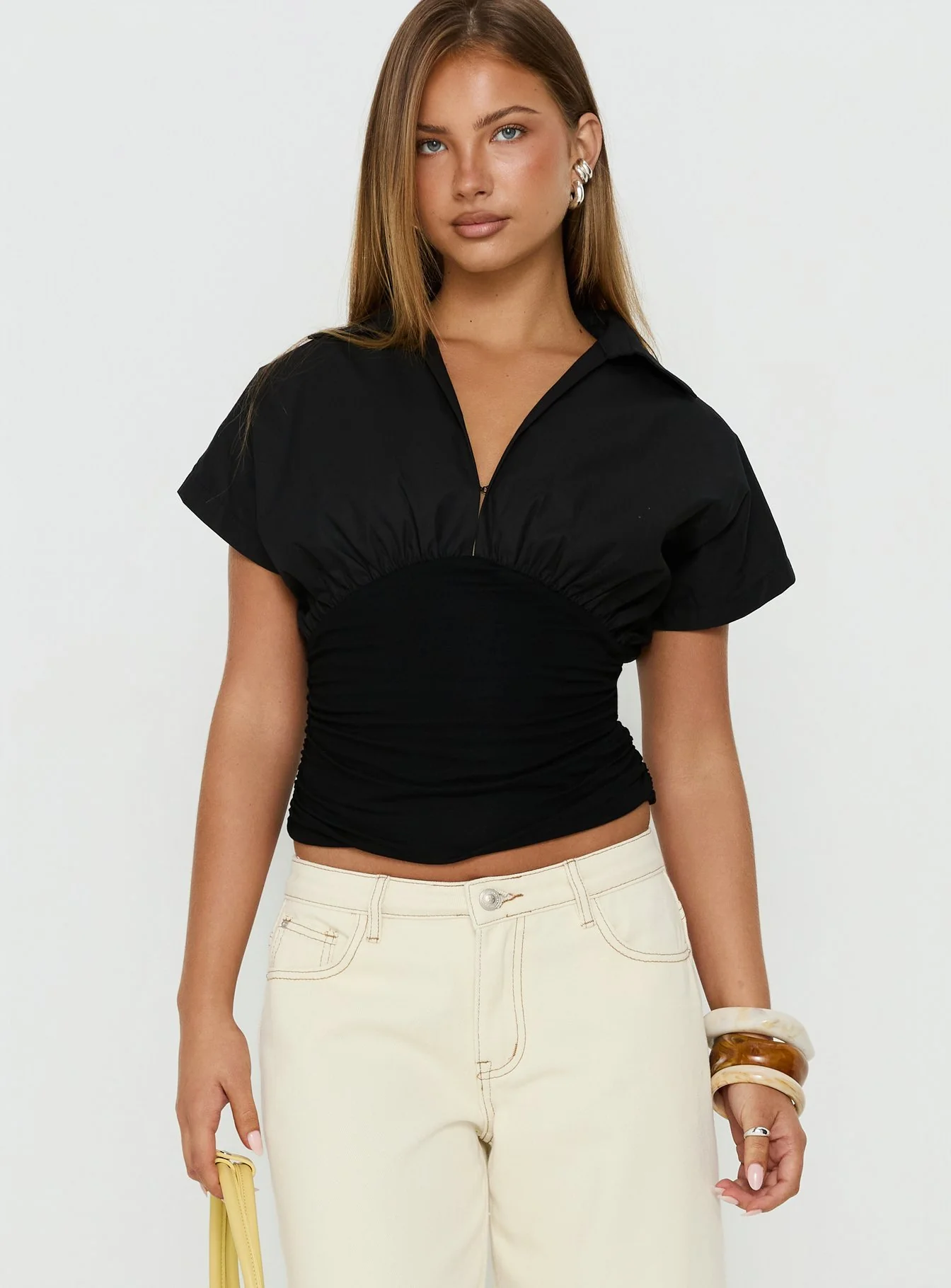 Chalia Ruched Collared Top Black - Image 2