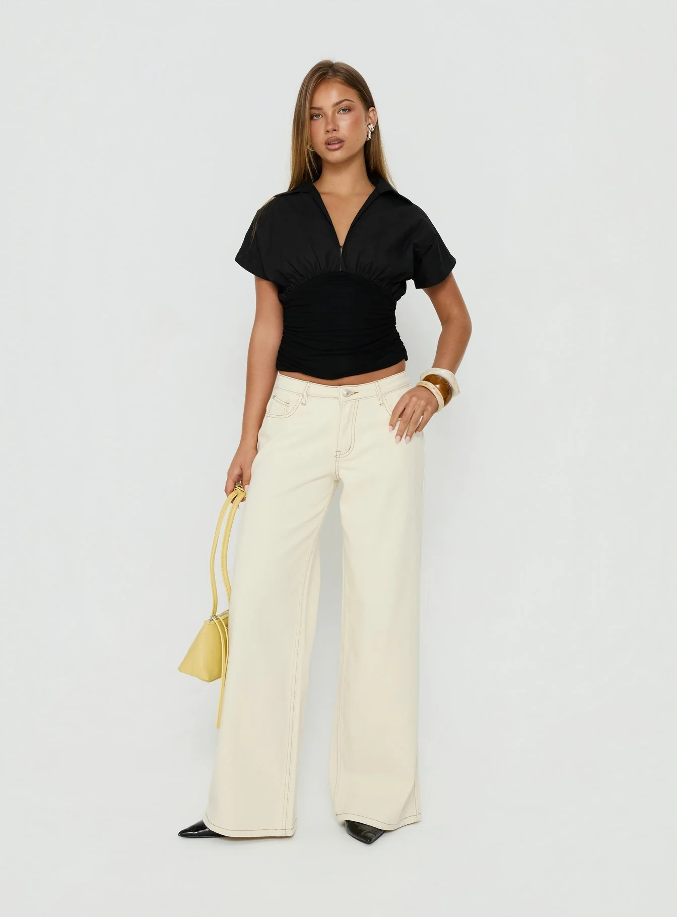 Chalia Ruched Collared Top Black - Image 3