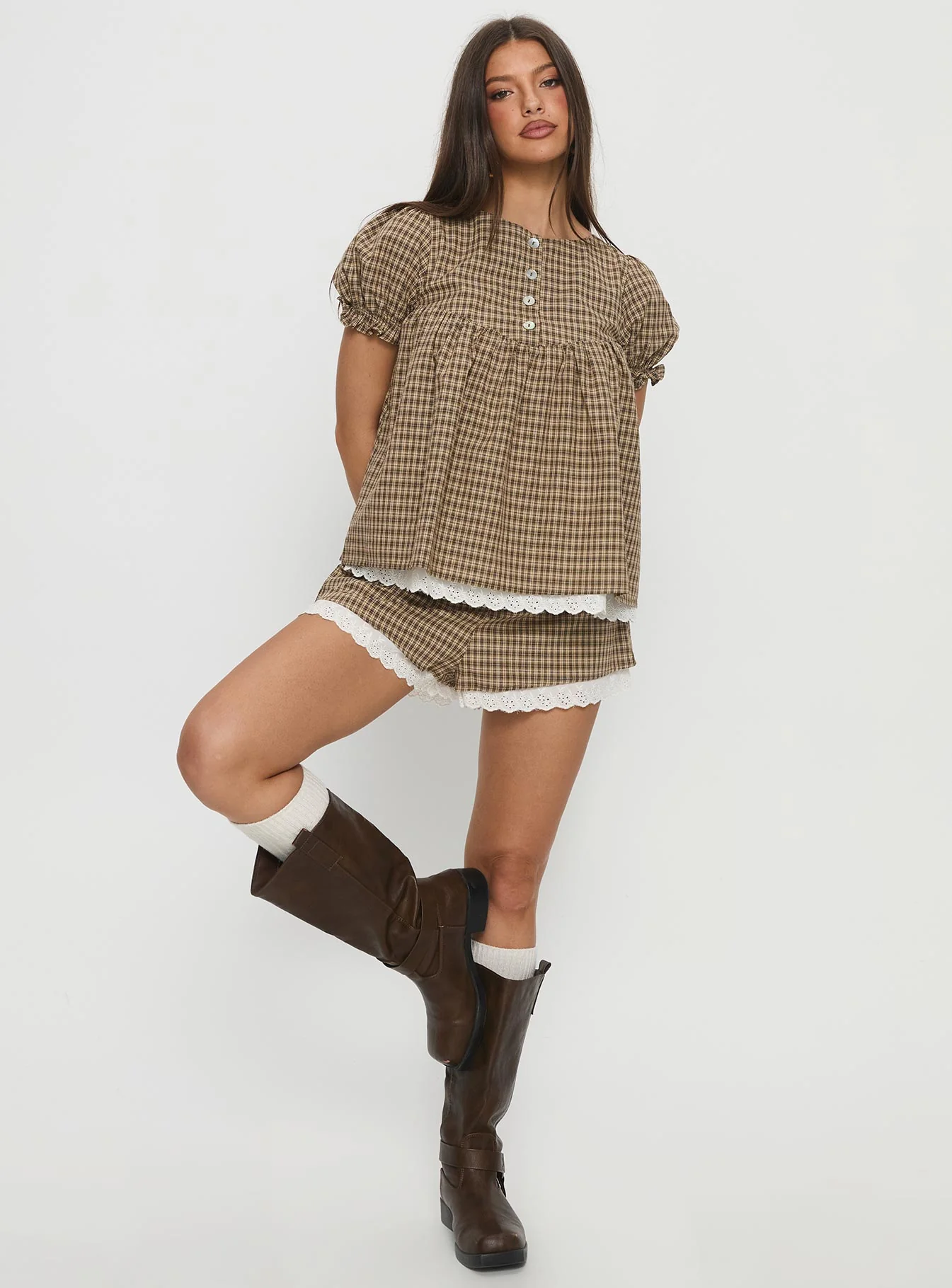 Chandelier Babydoll Top Brown Check - Image 3
