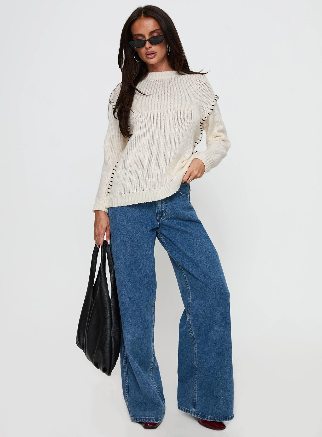 Change The Weather Contrast Stitch Knit Sweater Cream - Image 2