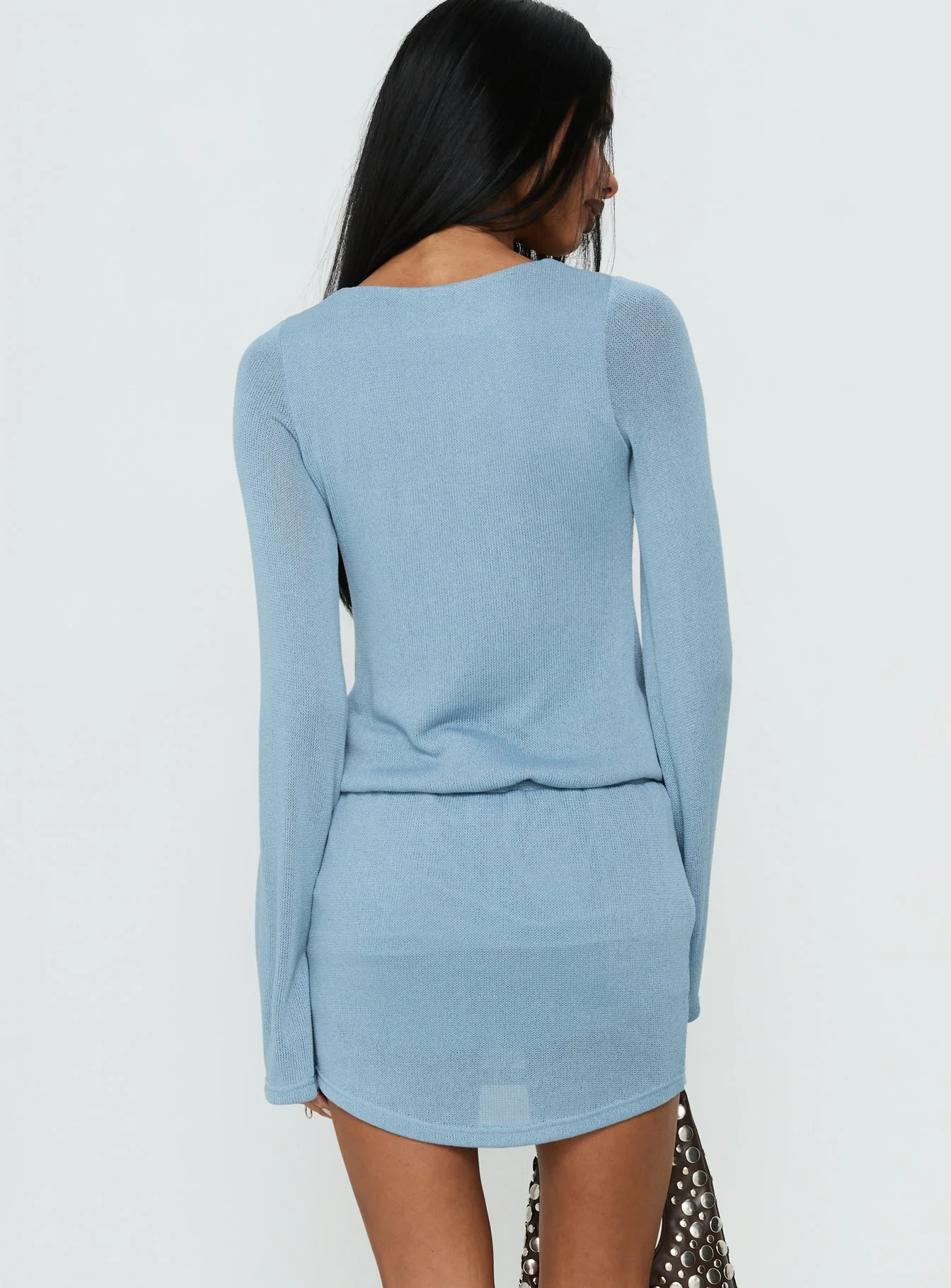 Charming Long Sleeve Mini Dress Dusty Blue - Image 4