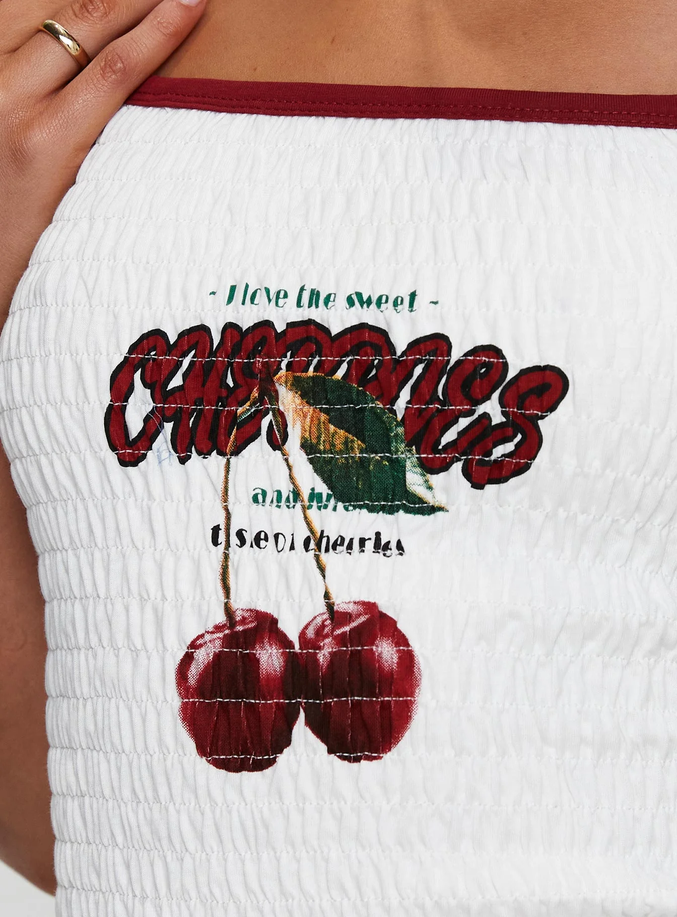 Cherrie Ties Shirred Graphic Top White - Image 6