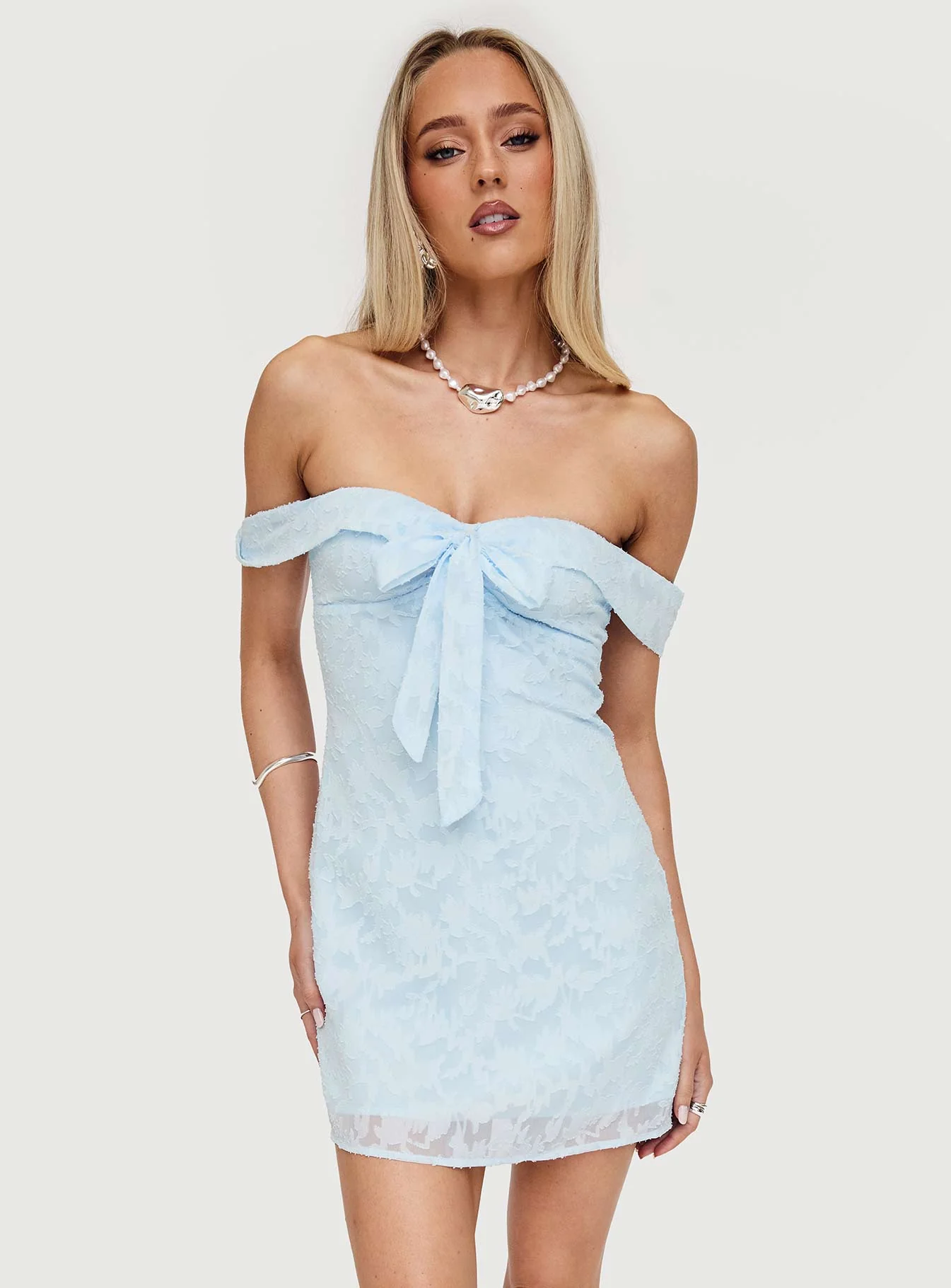 Christiana Off Shoulder Mini Dress Light Blue Burnout - Image 8