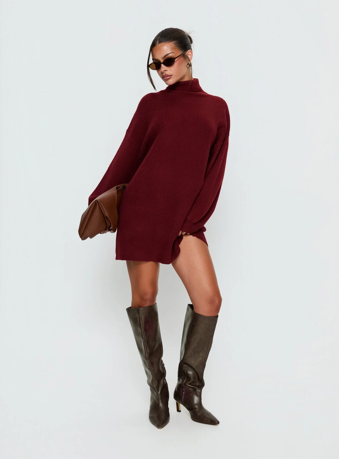Coleena Long Sleeve Knit Mini Dress Burgundy - Image 2