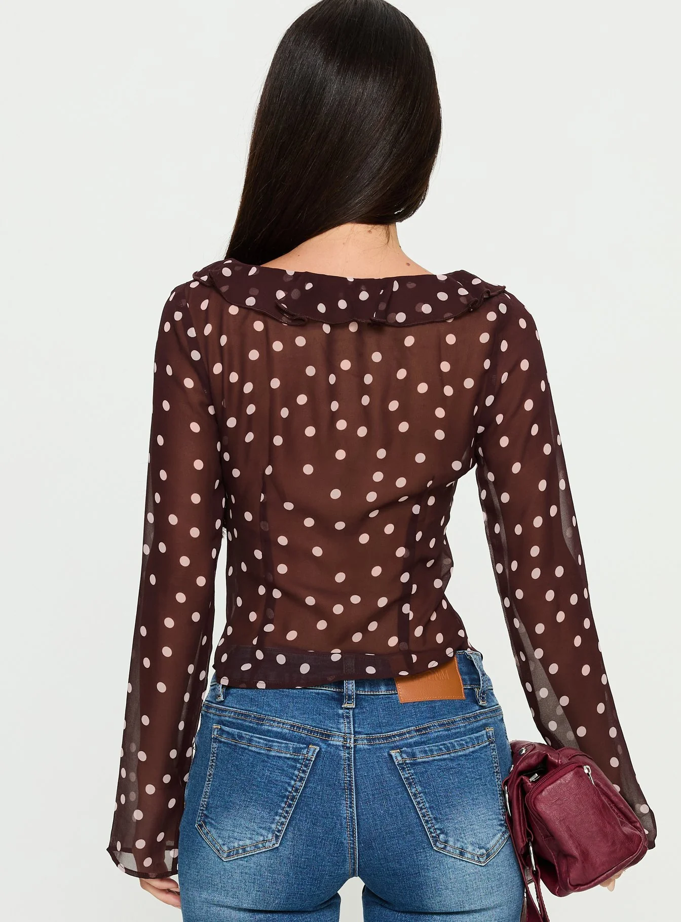 Corazon Sheer Frill Long Sleeve Top Burgundy Polka - Image 4