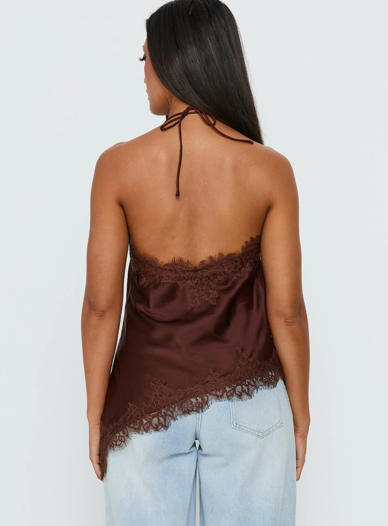 Cosetta Lace Trim Asymmetrical Cami Top Chocolate - Image 5