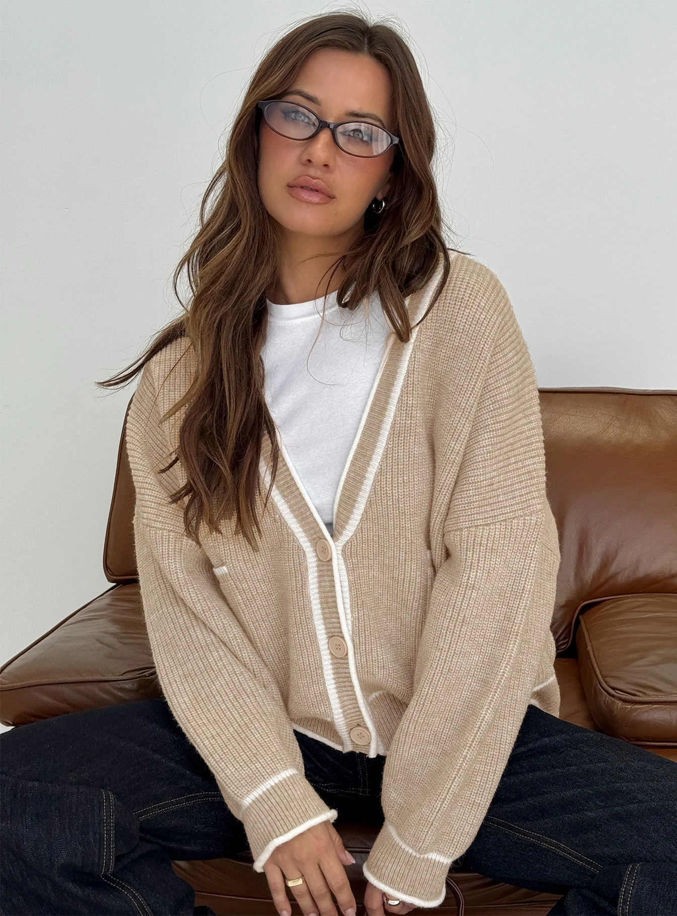 Cressara Contrast Knit Cardigan Beige / White
