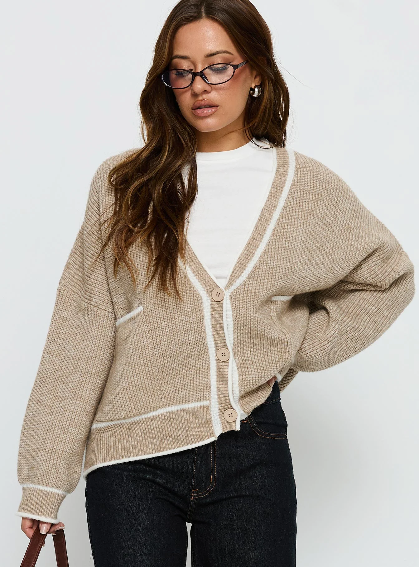 Cressara Contrast Knit Cardigan Beige / White - Image 2