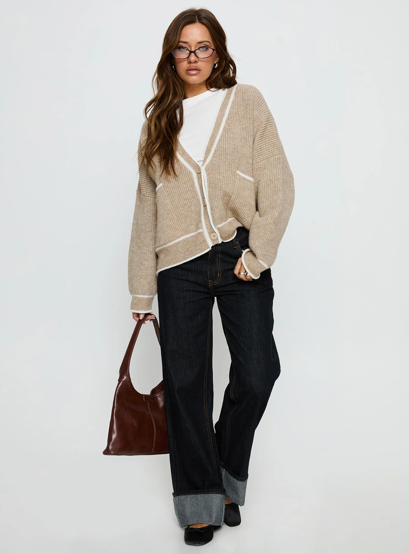 Cressara Contrast Knit Cardigan Beige / White - Image 3