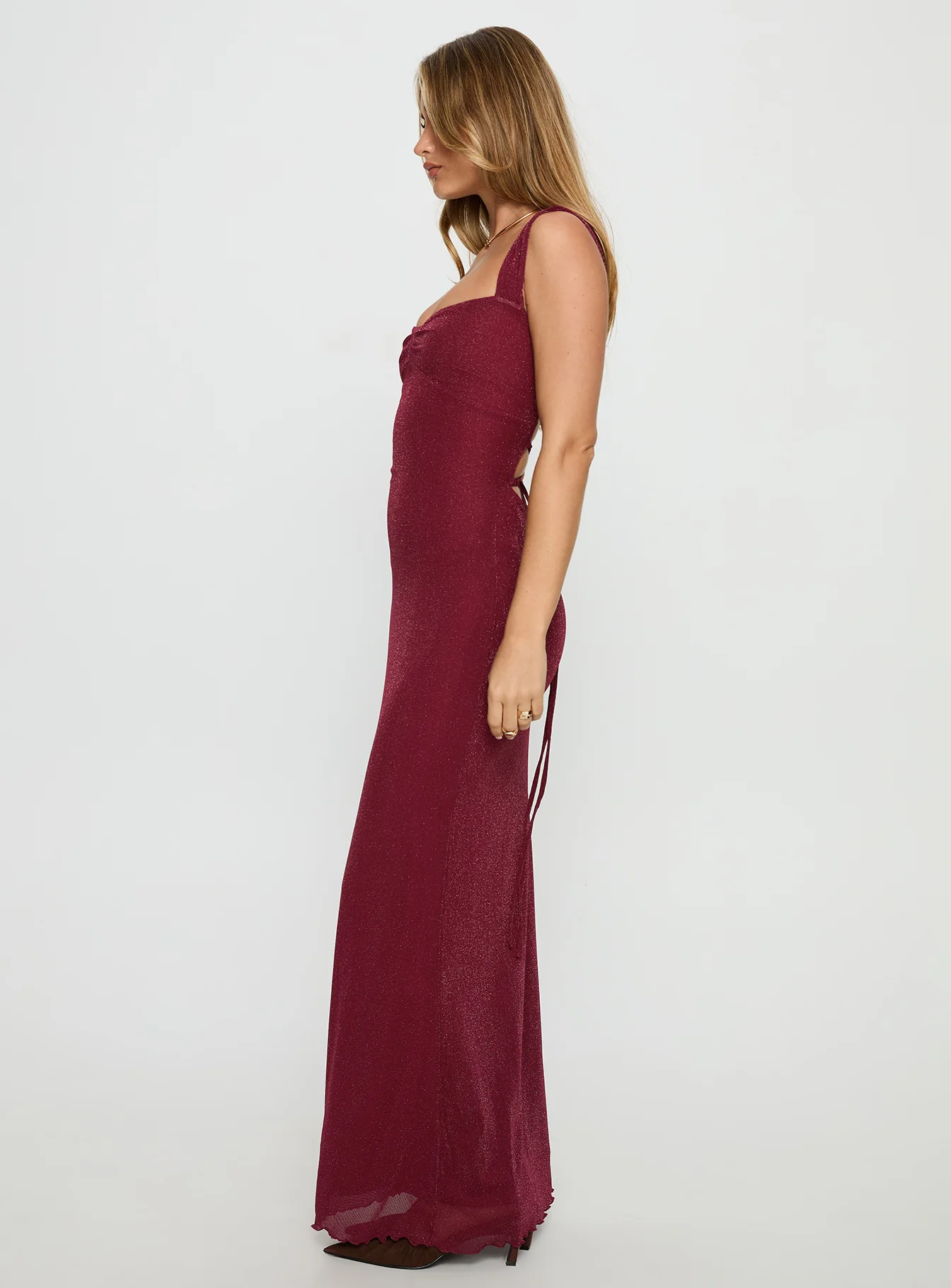 Crisanto Tie Up Ruched Maxi Dress Burgundy - Image 4
