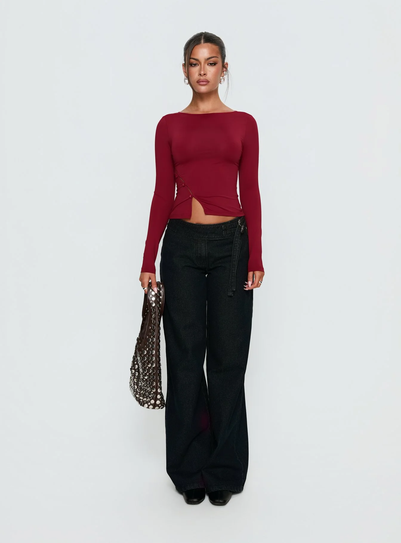 Crowded Room Button Up Long Sleeve Top Wine - Image 7