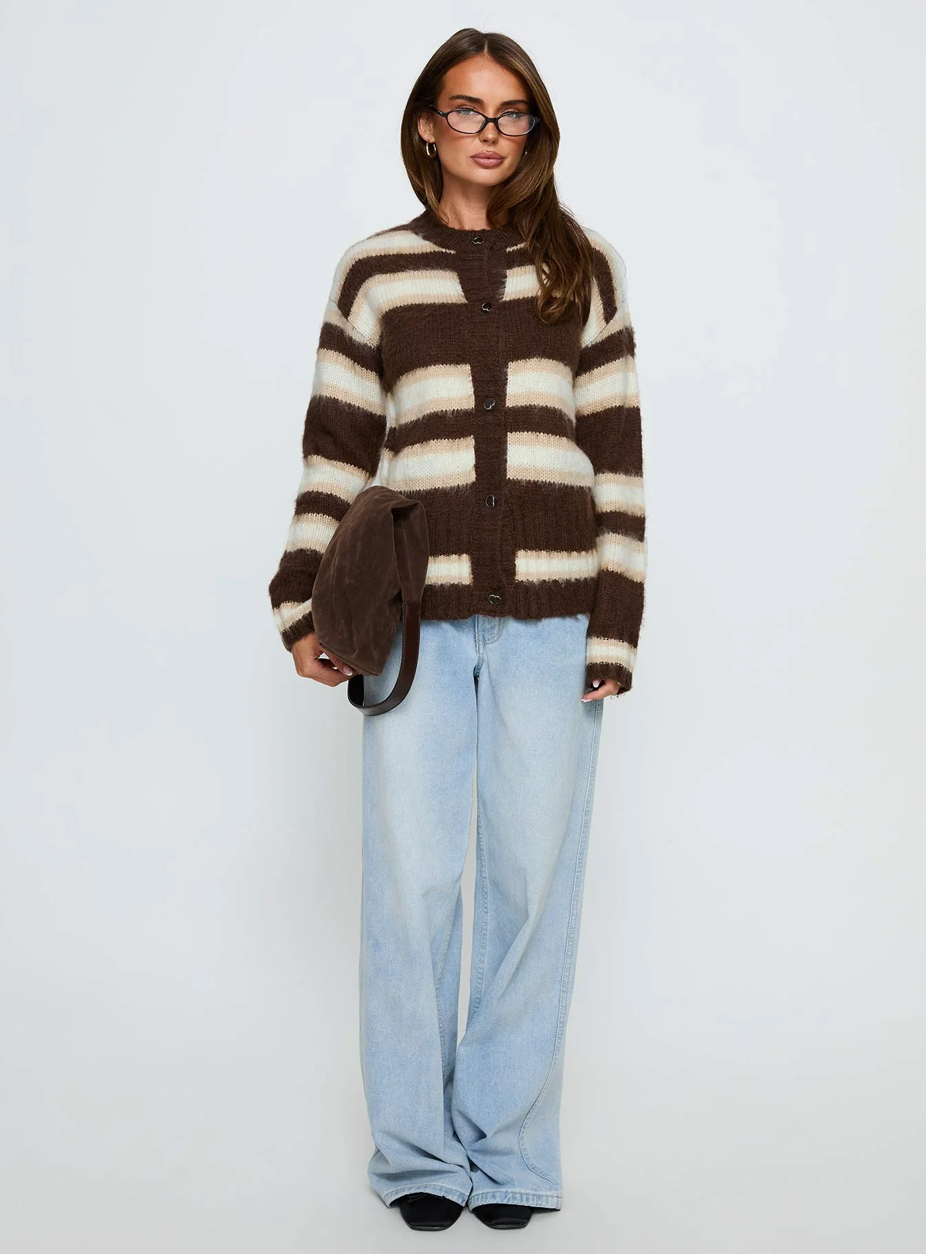 Cultivated Fluffy Knit Cardigan Brown Stripe - Image 7