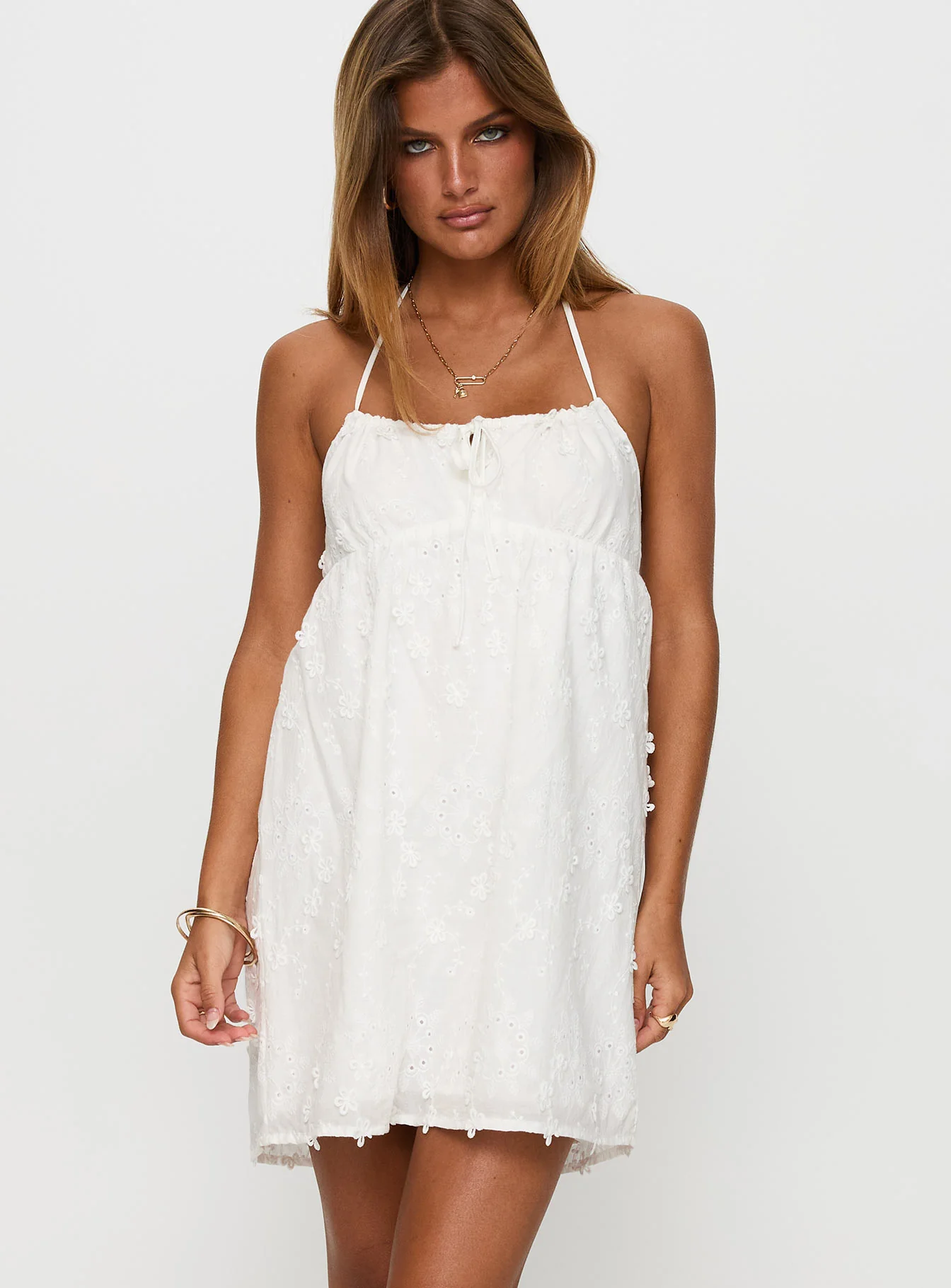 Daisy Chains Broderie Halter Mini Dress White - Image 2