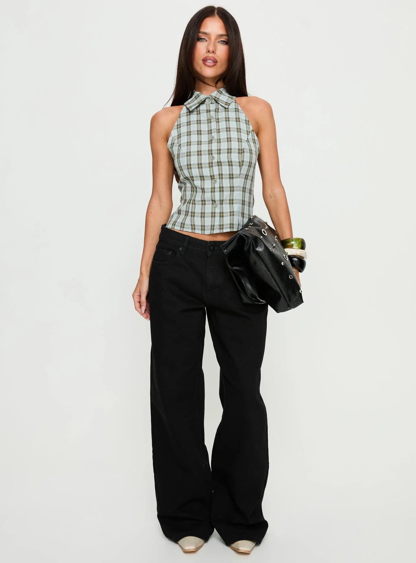 Daleia Sleeveless Collared Top Blue Check - Image 2