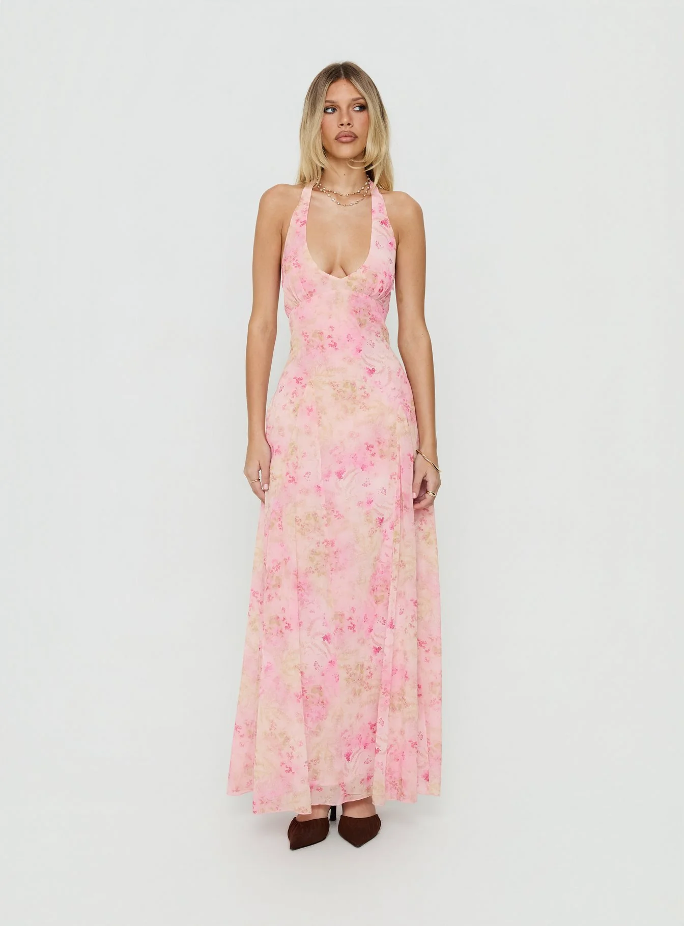 Dandelions Halter Maxi Dress Pink Floral - Image 2