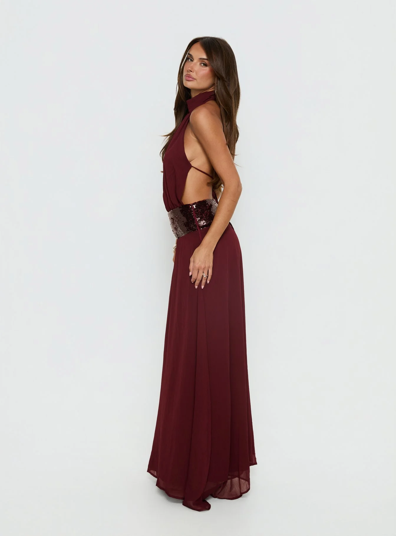 Darwinn Drop Waist Sequin Detail Maxi Dress Burgundy - Image 4