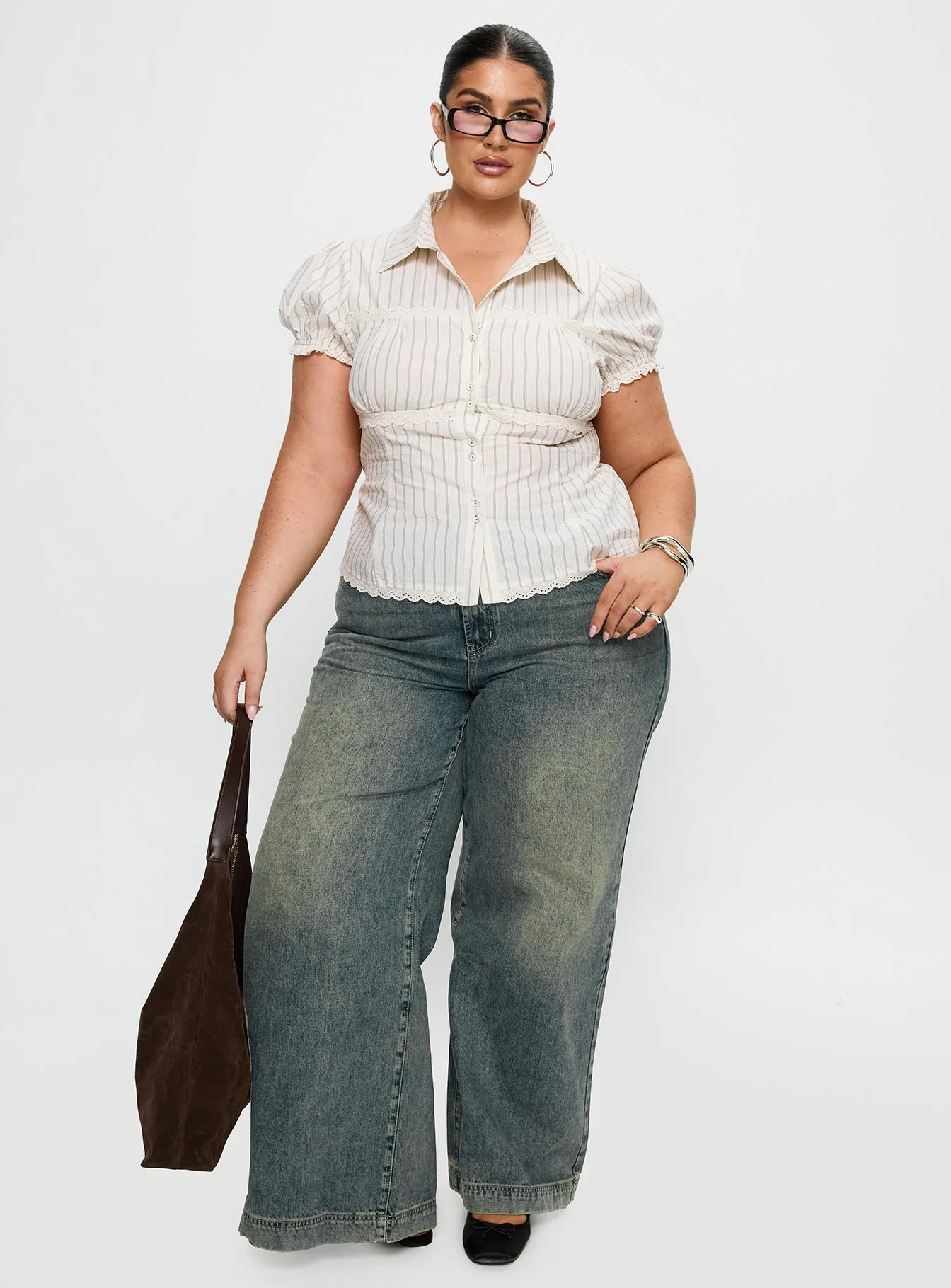 Deserve You Puff Sleeve Button Front Top Cream Stripe Curve - Image 3