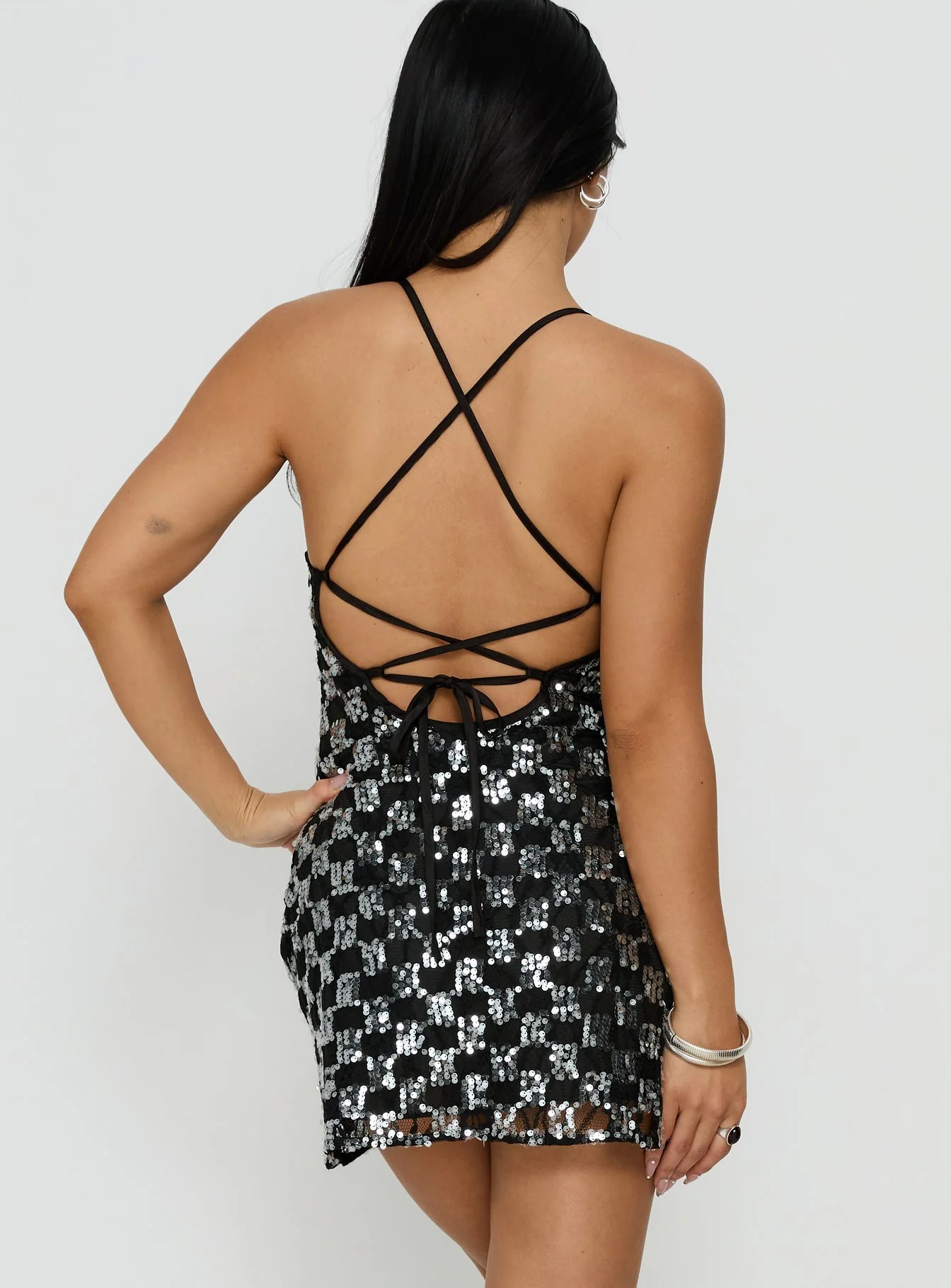Disco Lights Sequin Lace Mini Dress Black - Image 5