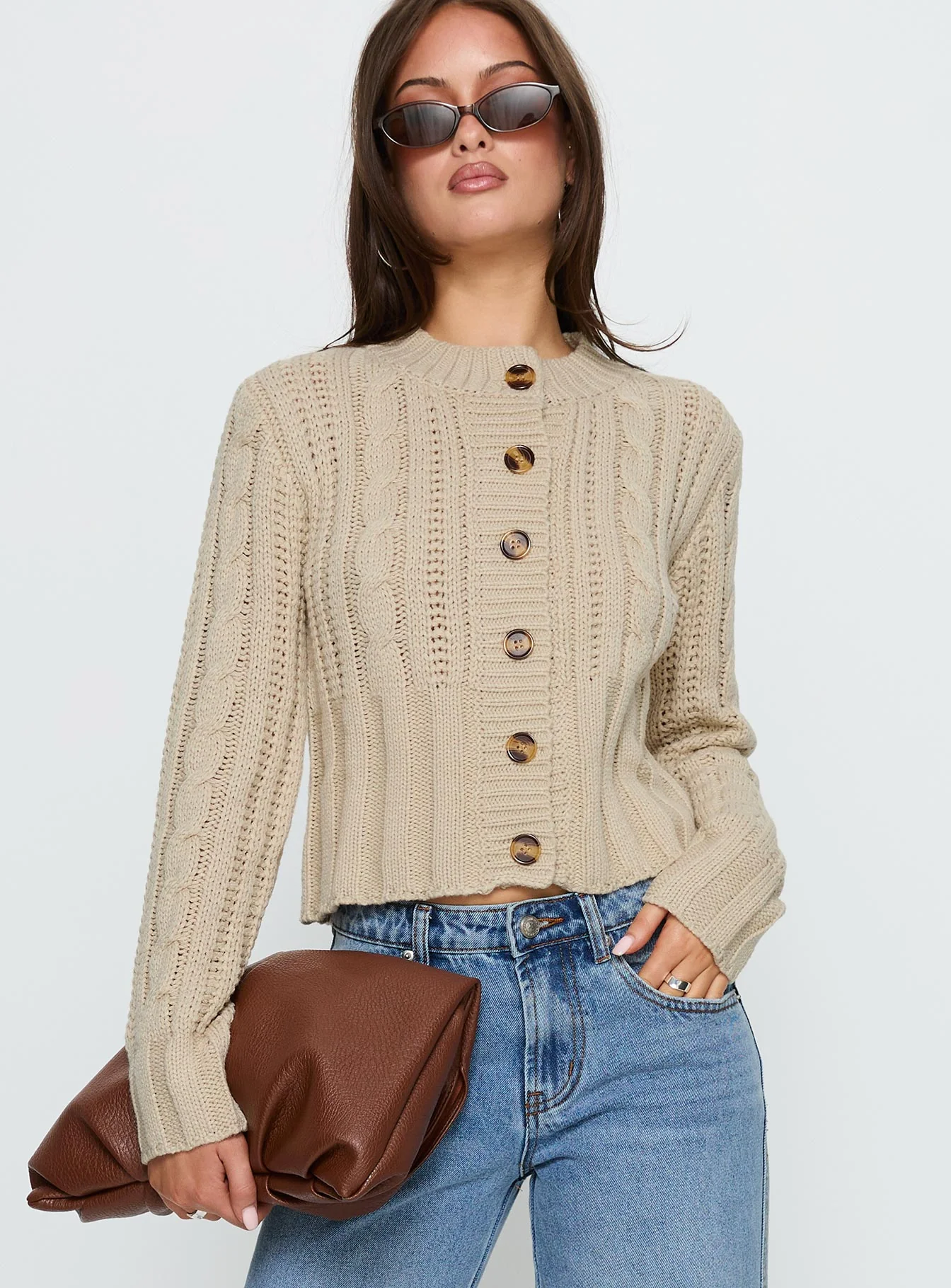 Donielle Cable Knit Cardigan Beige - Image 2