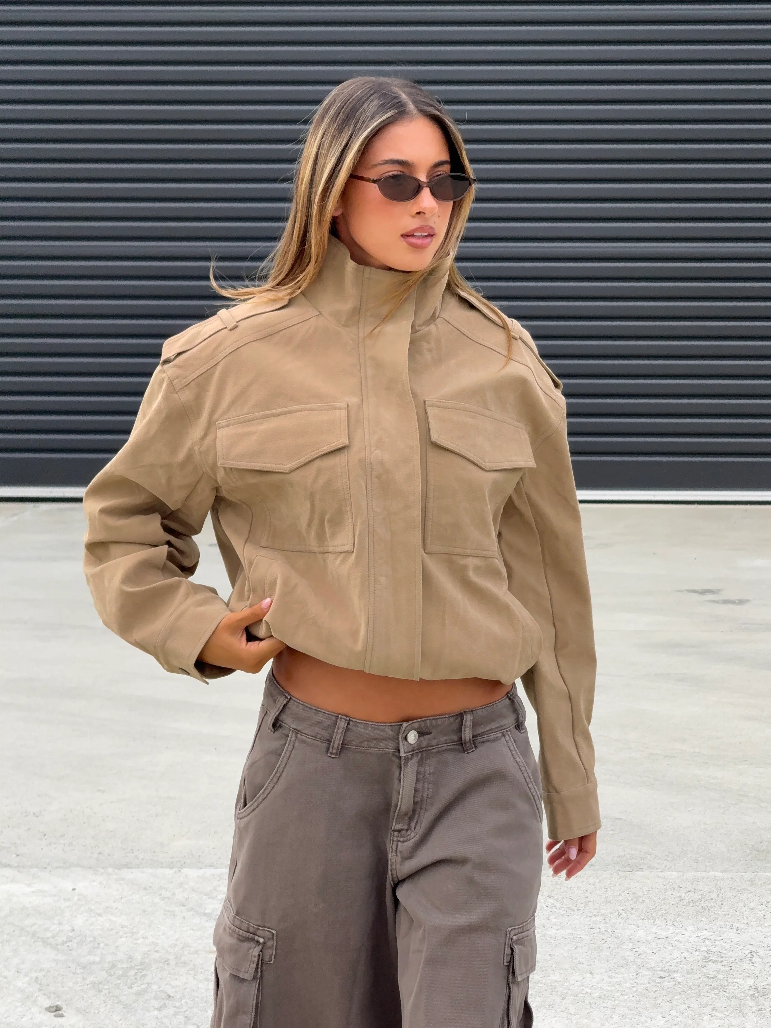 Double Life Funnel Neck Cargo Jacket Beige