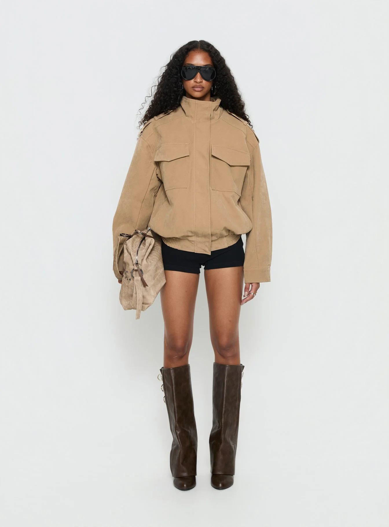 Double Life Funnel Neck Cargo Jacket Beige - Image 7