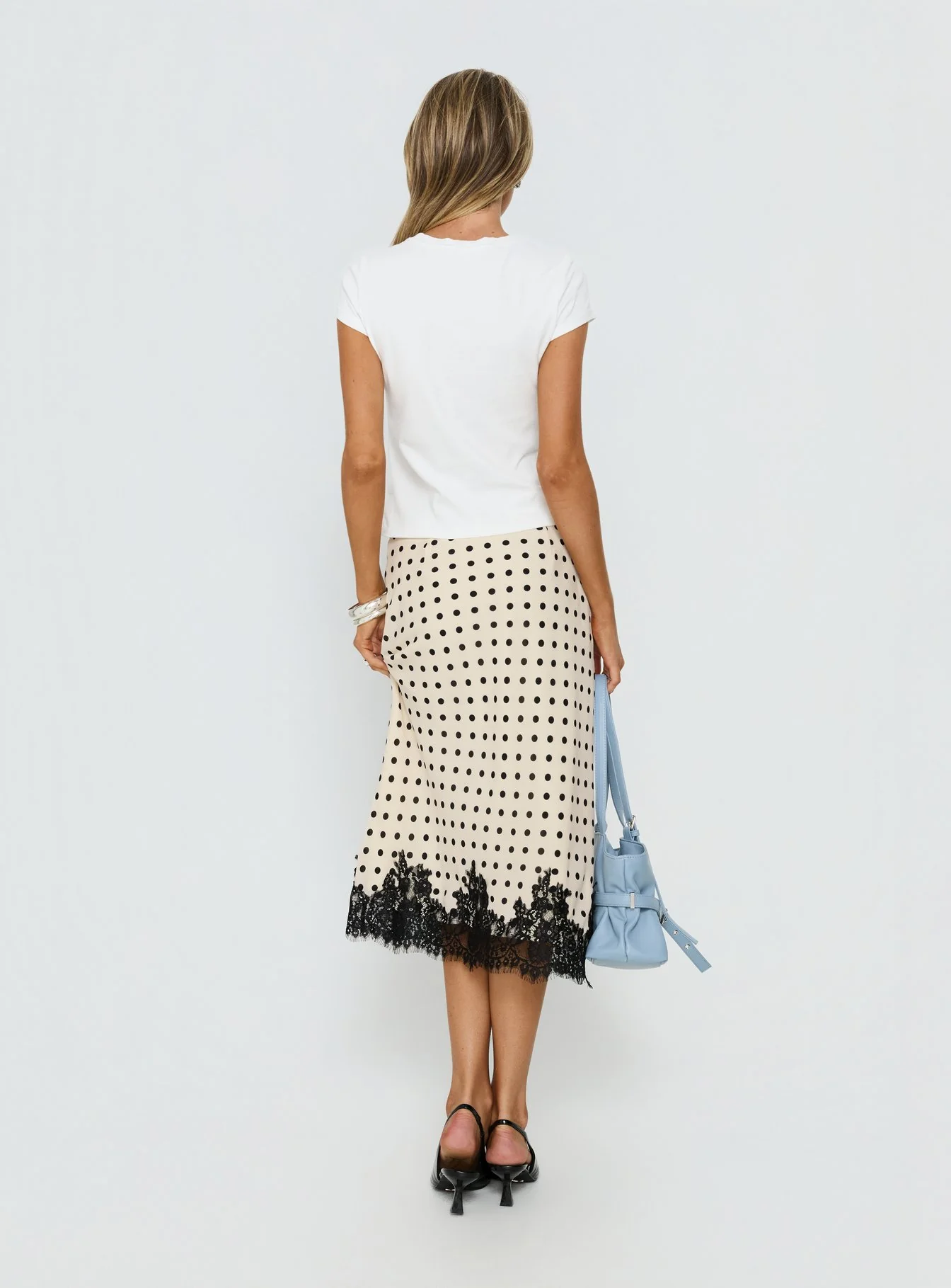 Downtown Scene Lace Trim Maxi Skirt Cream Polka - Image 5